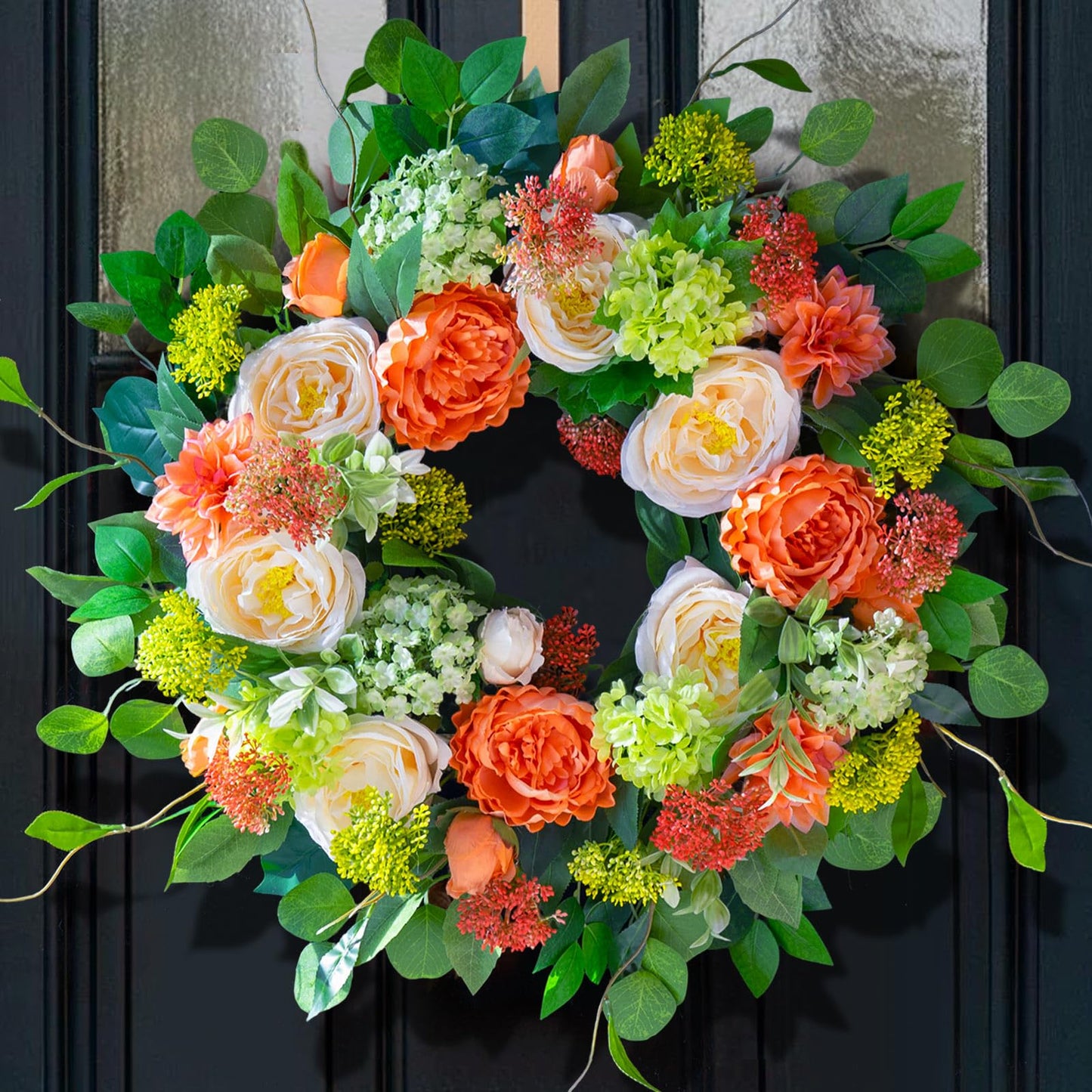 CHvista Spring Wreaths for Front Door Outside 24 Inch Luxury Summer Wreath with White Rose Flowers,Pink Dahlia & Green Hydrangeas,Lush Greenery Spring Front Door Wreath for Home,Wall,Porch Decor