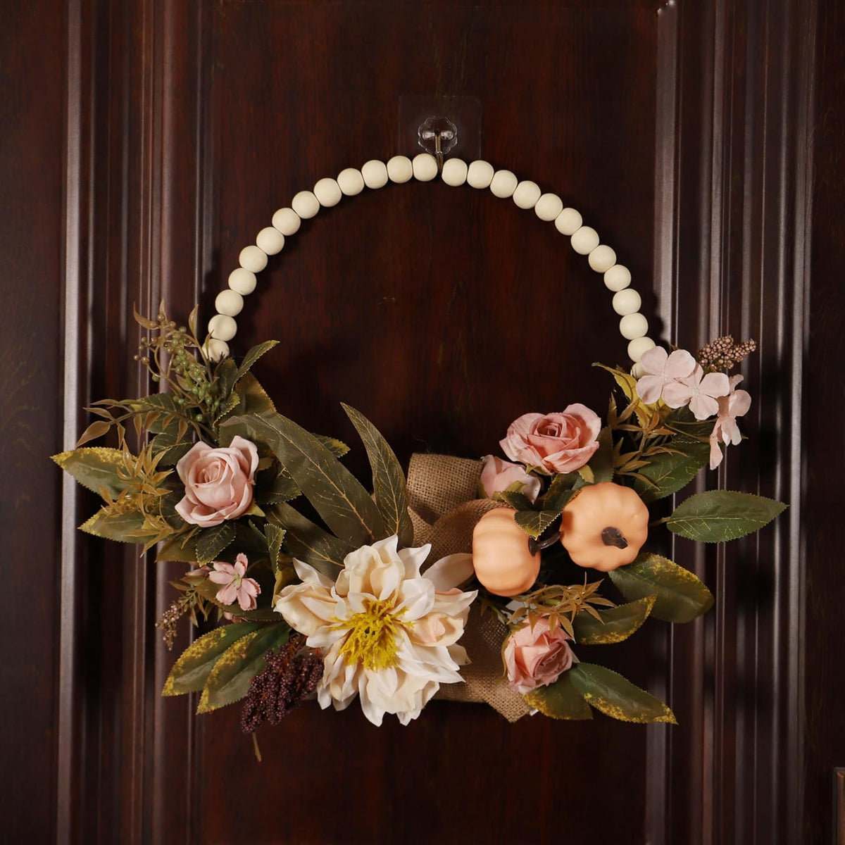 Fall Wreaths for Front Door, Autumn Wreath with Pumpkins, Berries and Leaves for Indoor Outdoor Porch Thanksgiving Farmhouse Harvest Halloween Home Décor (Pink Pumpkin)