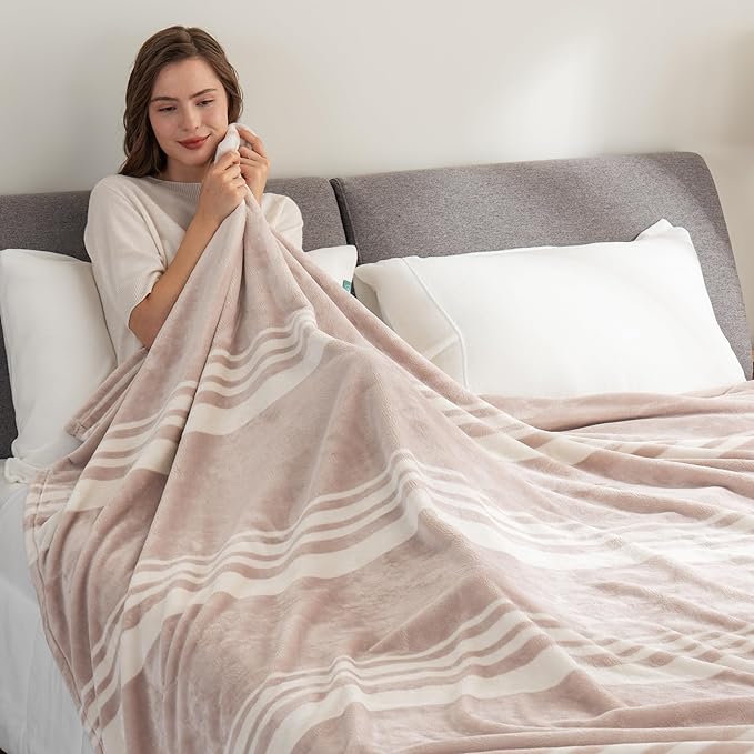 Berkshire Blanket-Classic Heavyweight Warm Soft Printed VelvetLoft® Plush Blanket, King Size Soft Fuzzy Blanket for Couch Sofa Bed, Stripe Cream, 90in x 108in
