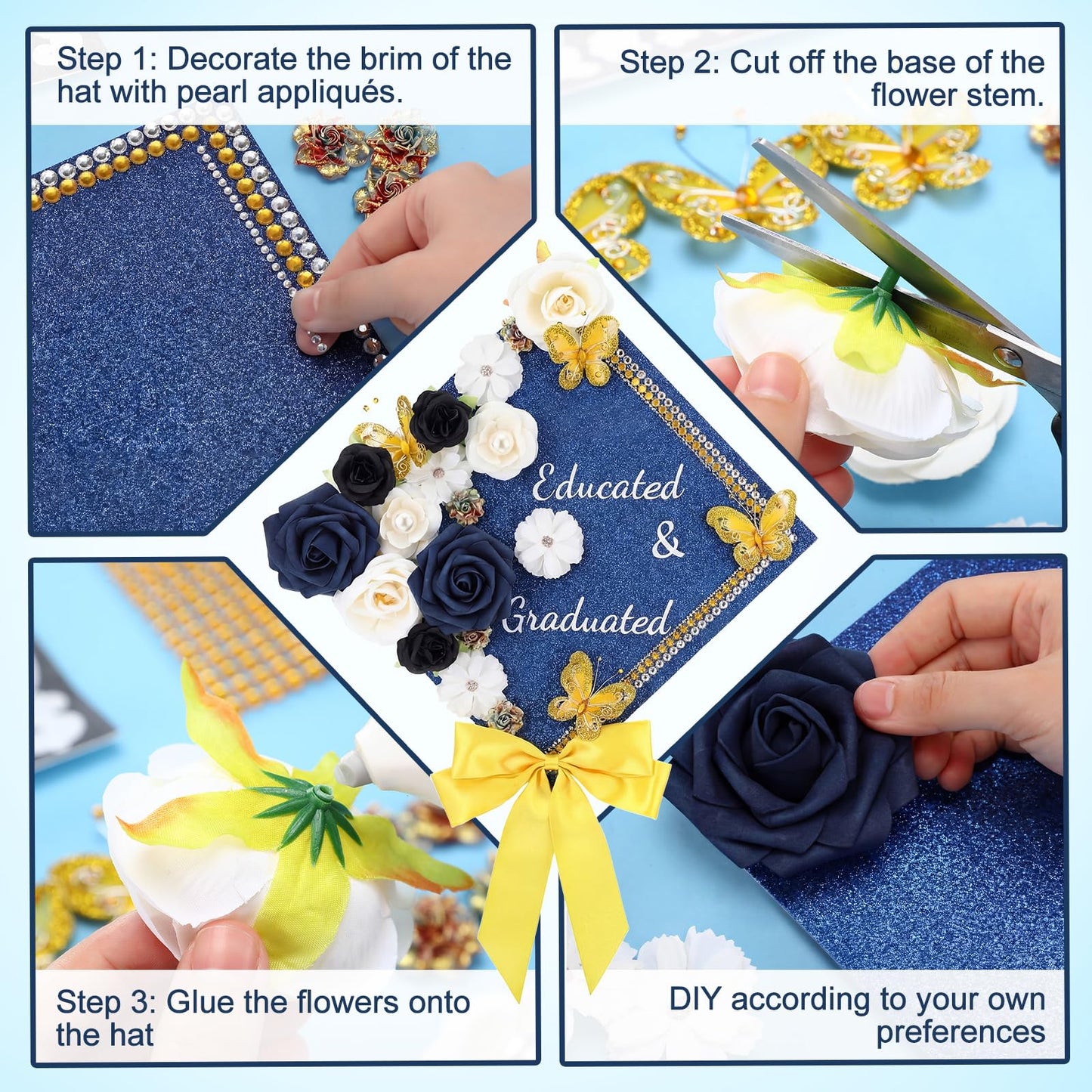 Knitgrip 33 DIY Graduation Cap Decorations Kit Blue 2026 Grad Cap Decor with Bow 3D Butterfly Faux Flowers Self-adhesive Rhinestones Letter for DIY Educated and Graduated Grad Hat Topper