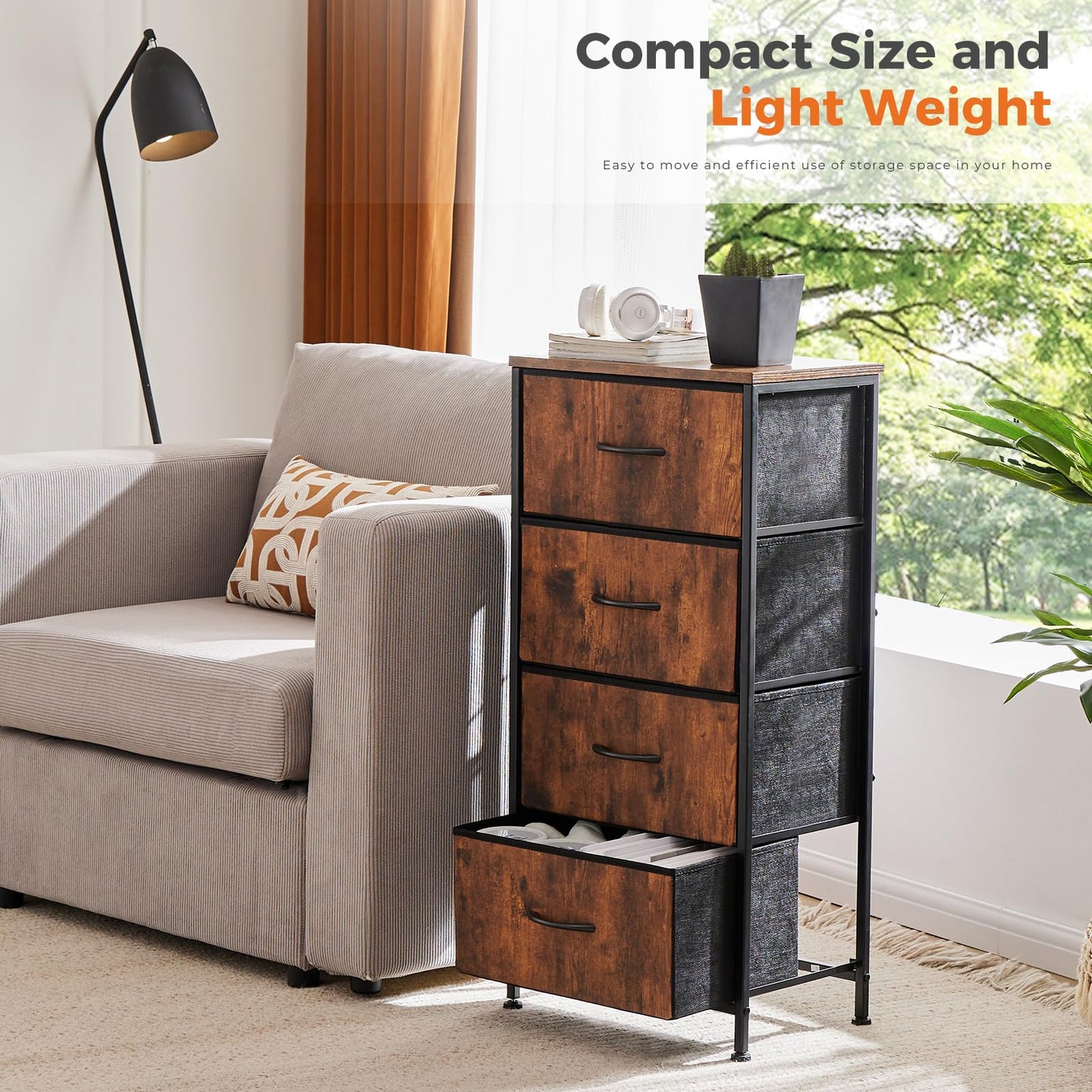 Sweetcrispy 4 Drawer Dresser, Fabric Storage Tower Organizer with Sturdy Steel Frame and Wood Top, Easy Pull Handles, for Bedroom, Closet, Entryway, Hallway, Brown