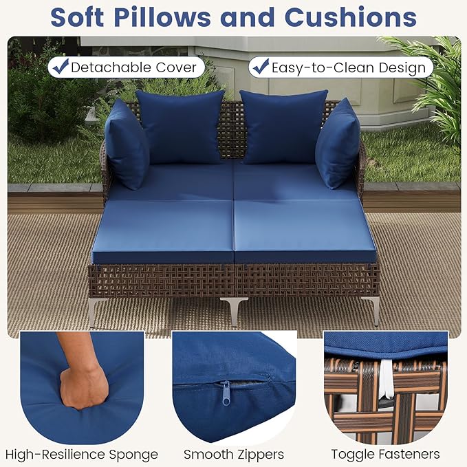 HAPPYGRILL Outdoor Patio Daybed PE Rattan Sunbed with Pillows and Cushions, Heavy-Duty Metal Frame, Outdoor Bed Lounger for Porch, Backyard and Poolside (Navy)