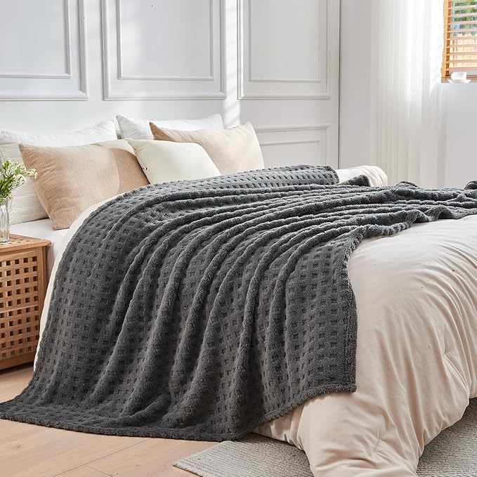 NEWCOSPLAY Super Soft King Blanket Grey Premium Silky Flannel Fleece 3D Waffle Checkered Lightweight Bed Blanket All Season Use (Dark Grey, King(90"x110"))