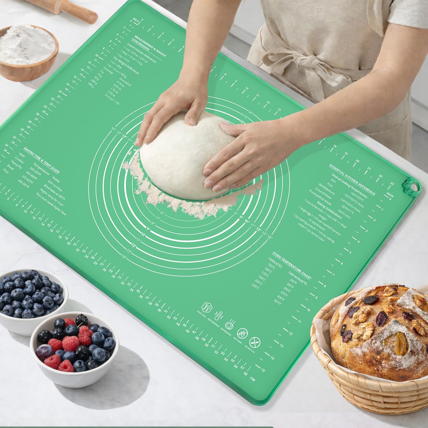 Extra Large Food Grade Platinum Silicone Pastry Mat 28 x 20, Non-Slip Non-Stick Baking Mat for Rolling Dough with 5mm Raised Edge, Measurements & Baking Guide for Bread, Pizza, Pie & Sourdough