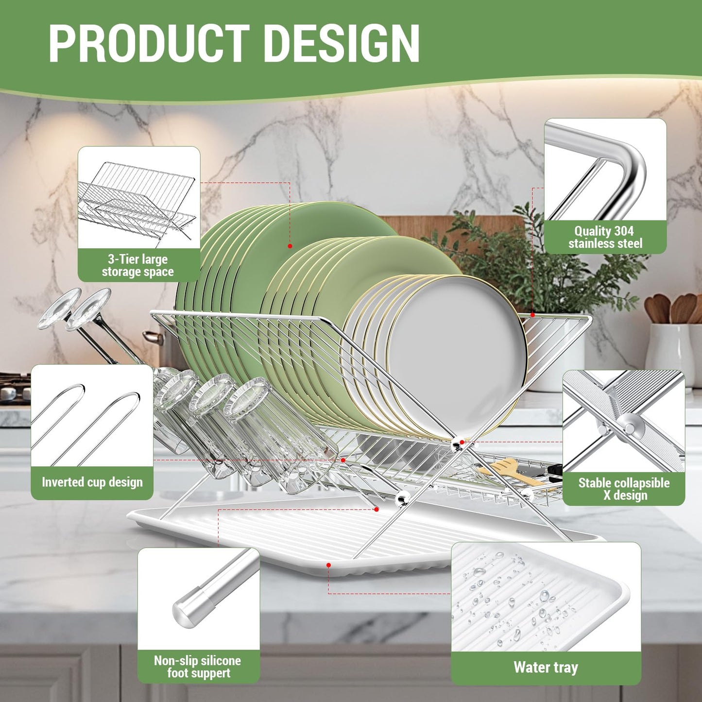 Dish Rack with Drip Tray, Stainless Steel 3-Tier Collapsible Drainer Dish Drying Rack for Kitchen Counter, Sink, Countertop,Cutlery, Dishes Utensils Flatware Holder Set, Reversible Cup Draining Rack