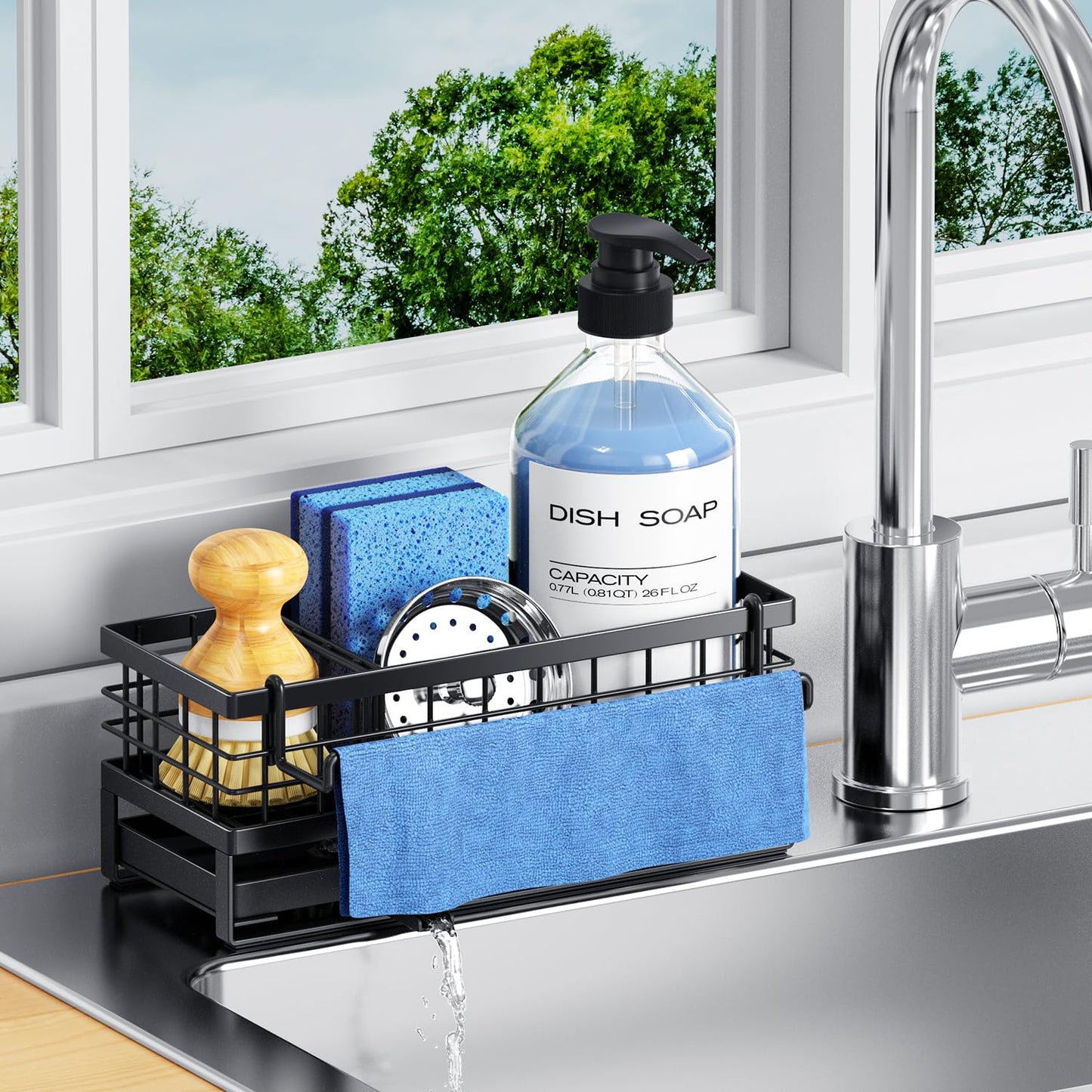 DYFVREN Kitchen Sink Sponge Holder, Rustproof Non-Slip Self-Draining Metal Sink Caddy with Detachable Dish Cloth Holder (Black)