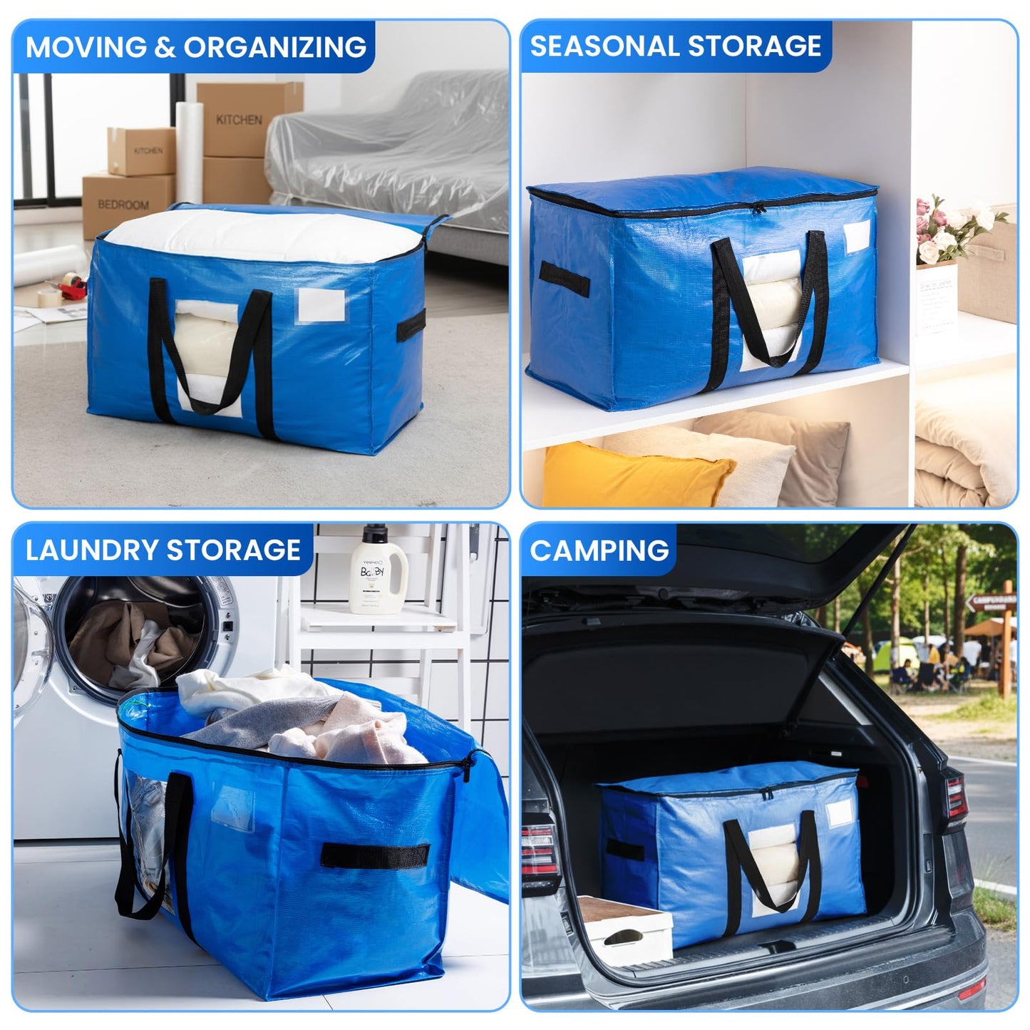 TAILI Extra Large Moving Bags, 4 Pack Blue Heavy Duty Totes For Storage with Visible Window, Wrap Around Handles, Storage Bags for Space Saving, Alternative to Moving Boxes