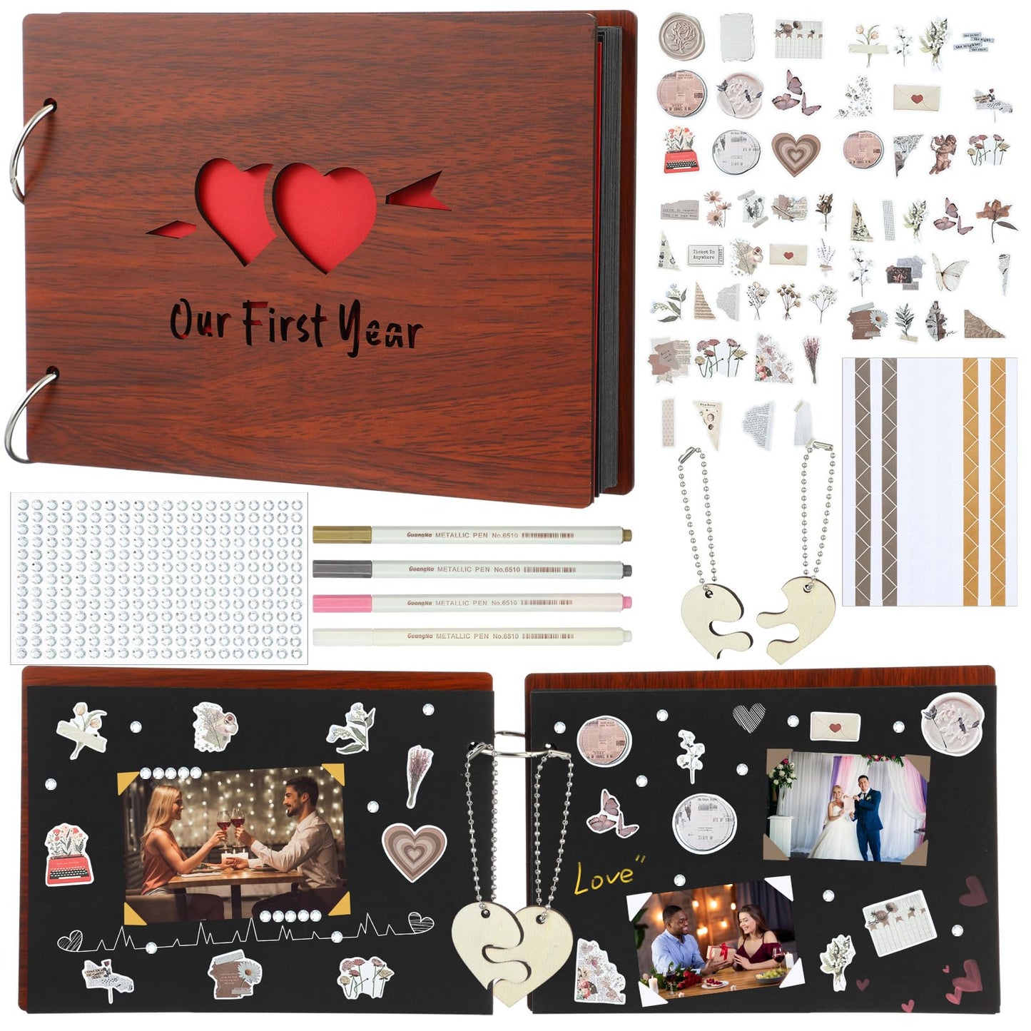 Kosiz Wooden Our First Year Anniversary Scrapbook, DIY Photo Album for Couples 8.7 x 6.3 Memory Book Wedding Love Gift for Anniversary Journaling DIY Accessory