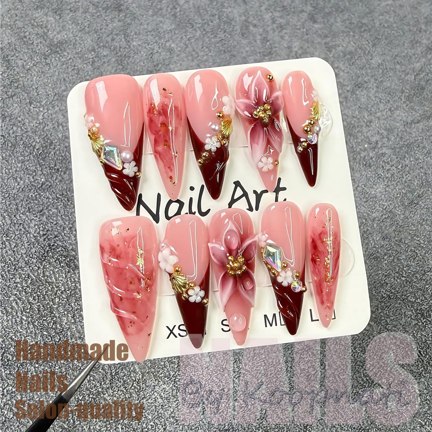 Handmade Press On Nails Almond Long Homemade Press On Nails French Tip With 3D Design Fake Nail Art For Women S