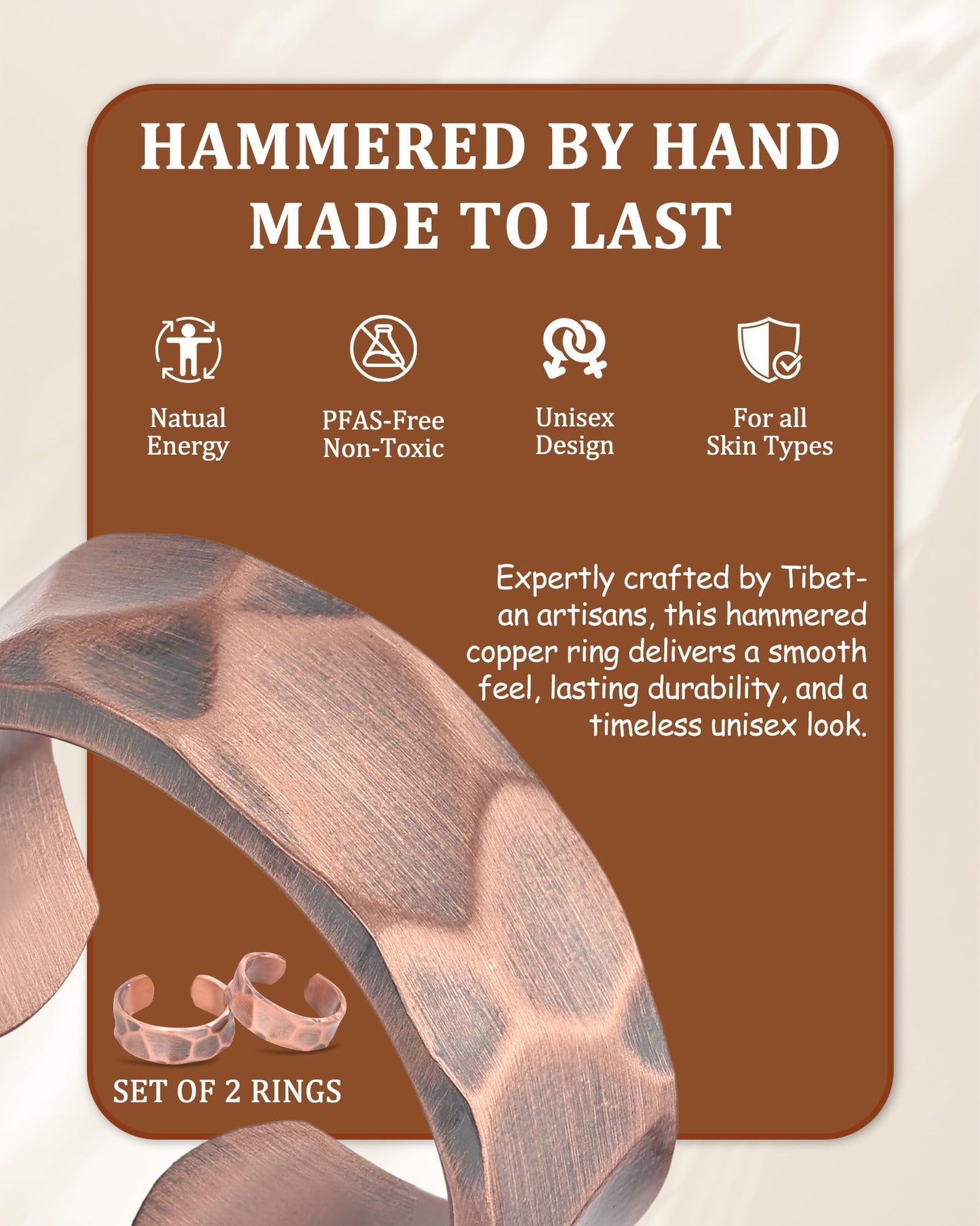 Fashtour 100% Pure Copper Rings for Women & Men (Two-Pack) — Solid Raw Copper — Uncoated Handmade Adjustable Open-End Tibetan Style Rings (Hammered)