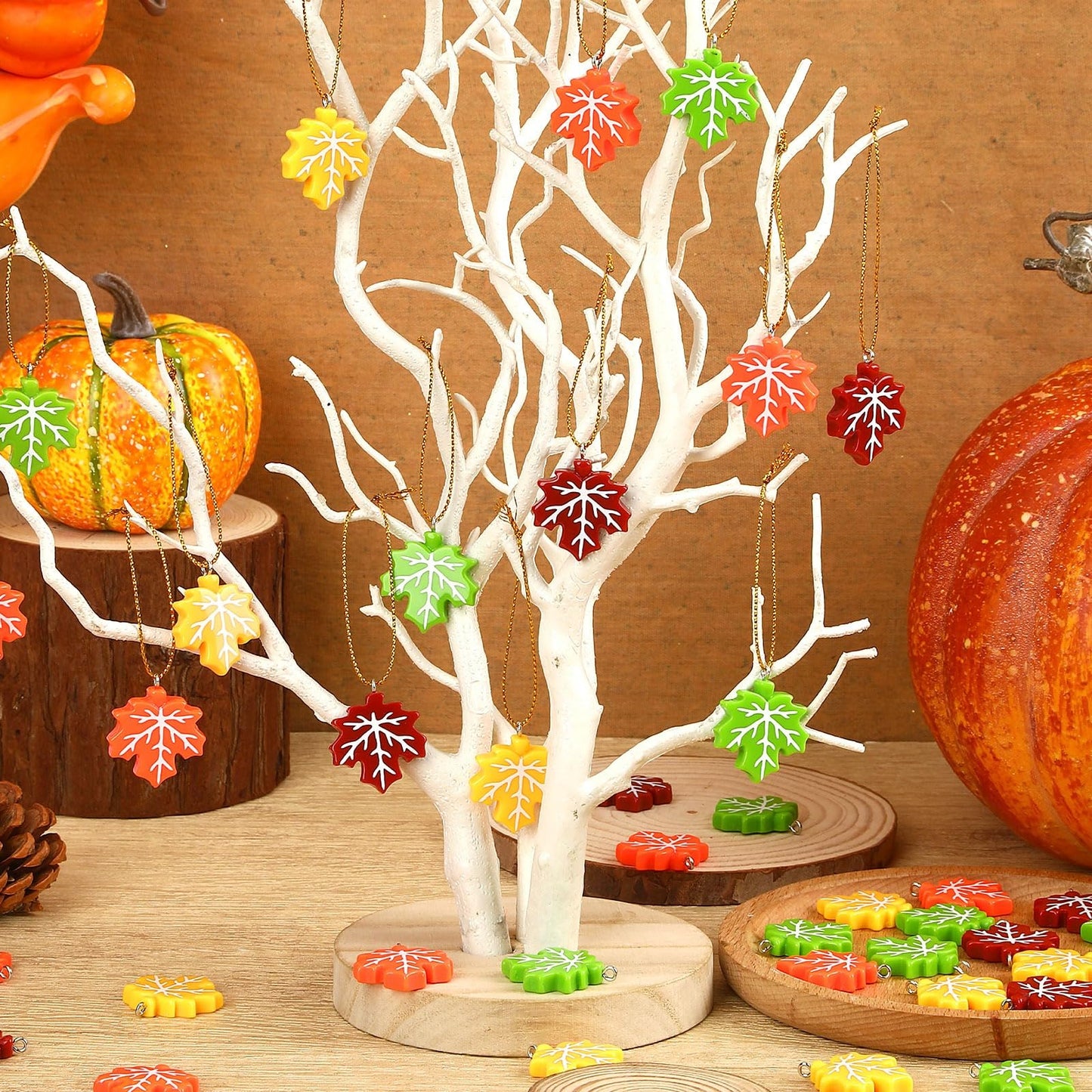 DTOFOOT 48Pcs Fall Ornaments Resin Maple Leaf Ornaments for Tree Thanksgiving Tree Decorations Autumn Harvest Hanging Pendants Charms with String for Wreaths DIY Crafts Farmhouse Home Wall Decor