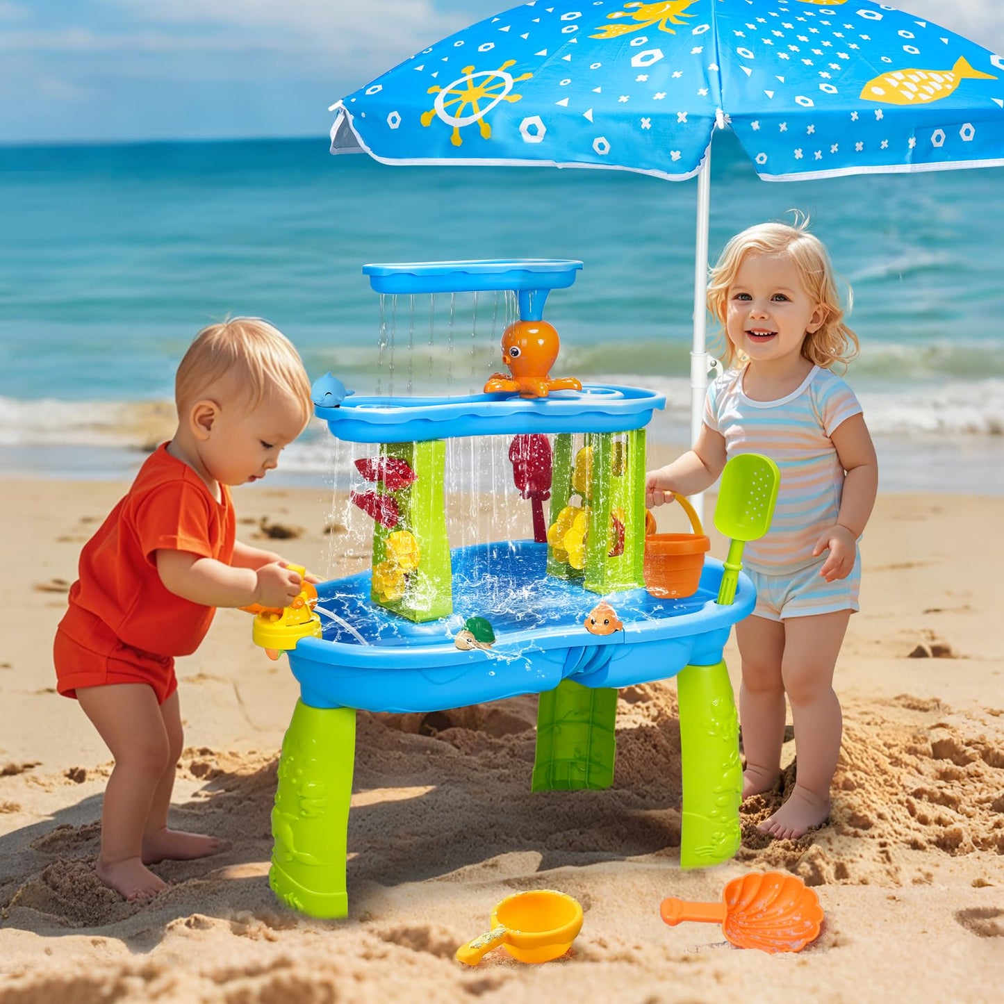 AuntyFey Water Table for Toddlers 1-3-5, Toddler Sand Table, Kids Water Table with Umbrella for Outside Kids Ages 4-8, Blue