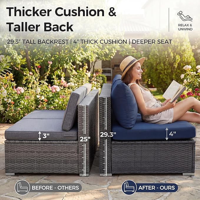 NICESOUL Extra Large 9 Pcs Outdoor Patio Furniture Set with Fireplace Natural Gas/Propane, 29.3'' High Back Modular Sectional Sofas, Modern Conversations for Outside, 2 Color Cushion Royal Blue &Grey