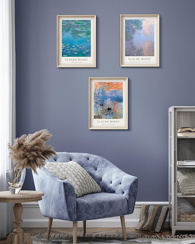 Framed Claude Monet Water Lilies Canvas Wall Art,Vintage Impressionist Botanical Painting,16x12IN High Framed Design Prints,Minimalist Classic Decor Aesthetic for Living Room,Bedroom,Bathroom Set of 3