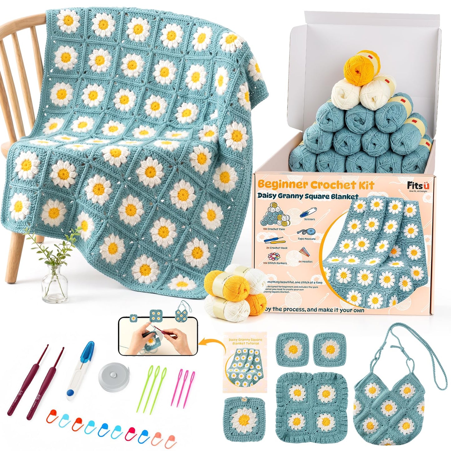 Fitsu Crochet Kit for Beginners, Daisy Granny Square Blanket Crochet Starter Kit with Yarn, Hooks, Step-by-Step Book & Video Tutorials, Easy Learn-to-Crochet Gift Set for Adults and Beginners