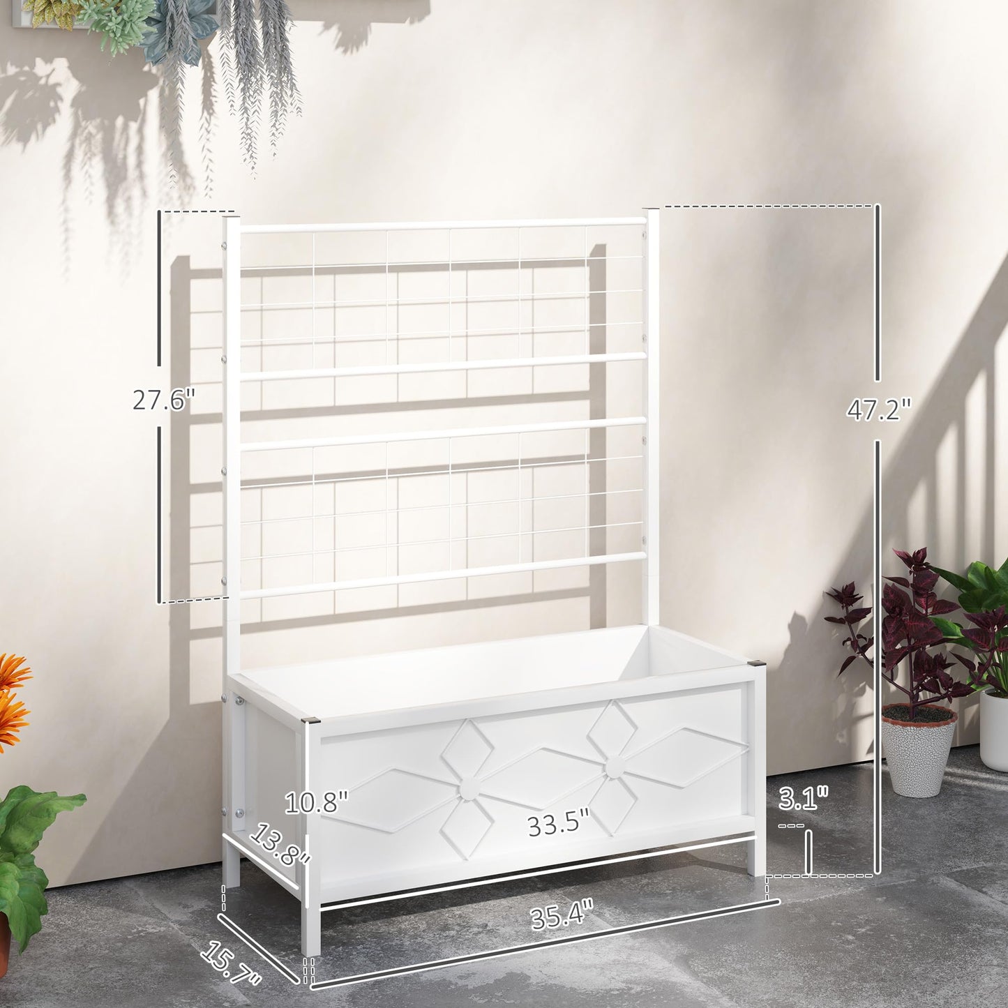 Outsunny Planter Box with Trellis, 35.4 x 15.7 x 47.2 inch Raised Garden Bed with Drainage Holes, Planters for Outdoor Plants, Vegetables, Flowers, Herbs, Trellis Planter, White