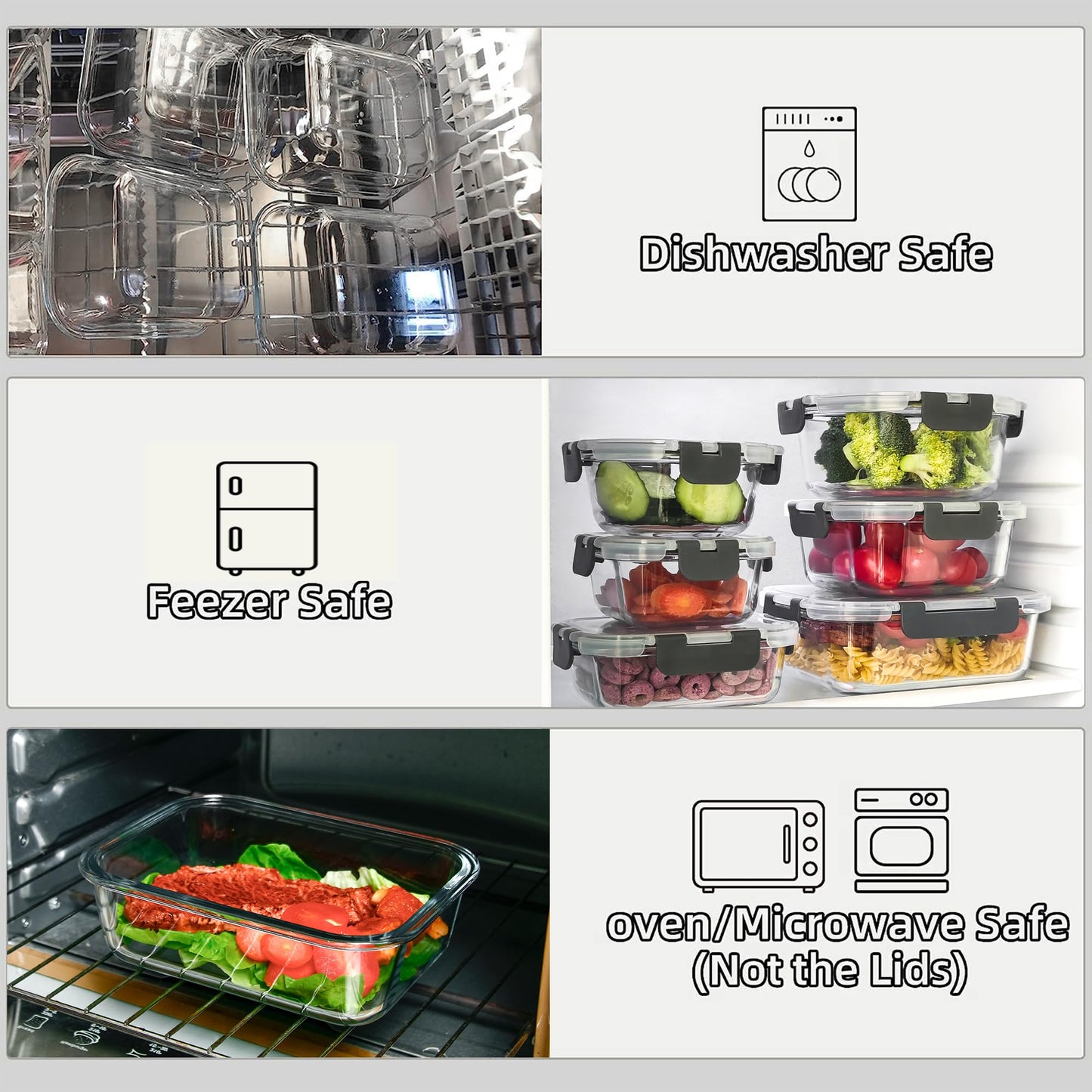 FAWLES 12 Pack Glass Meal Prep Containers with Airtight Lids, Leak-Proof Food Storage Containers, Dishwasher/Microwave/Oven/Freezer Safe Glass Containers for Lunch, Leftovers, to Go (Grey)