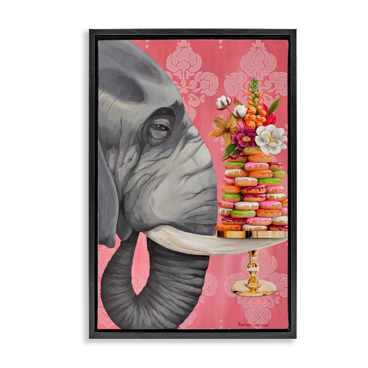 Stupell Industries Elephant & Stacked Desserts Black Framed Floater Canvas Wall Art, design by Heather Gauthier, 21 x 31