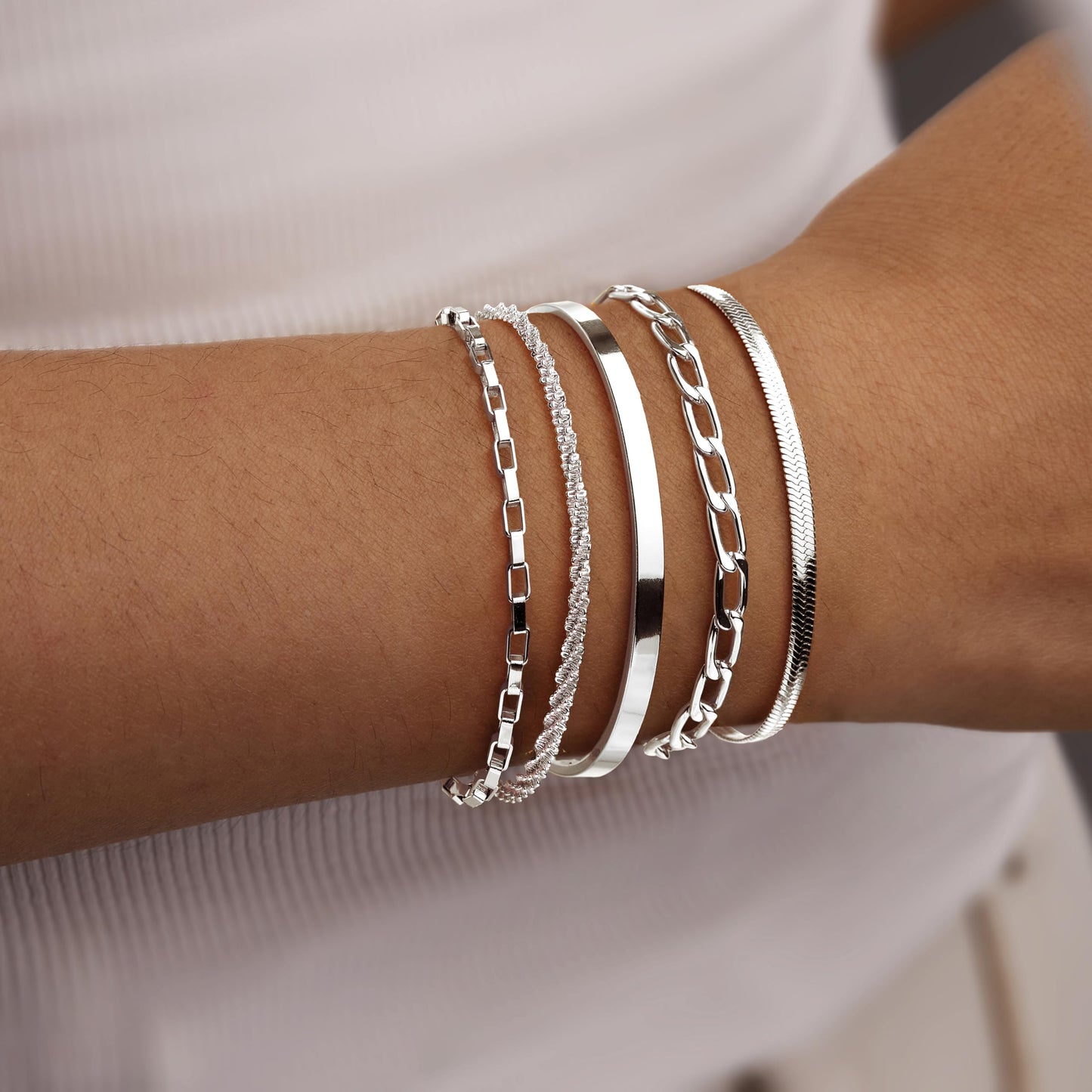 Silver Bracelets Stack for Women Waterproof, Stackable Bracelet Set with Silver Bangle Cuff, Box Link, Paperclip, Herringbone, Sparkling Chain, Adjustable Non Tarnish Jewelry Gifts for Women