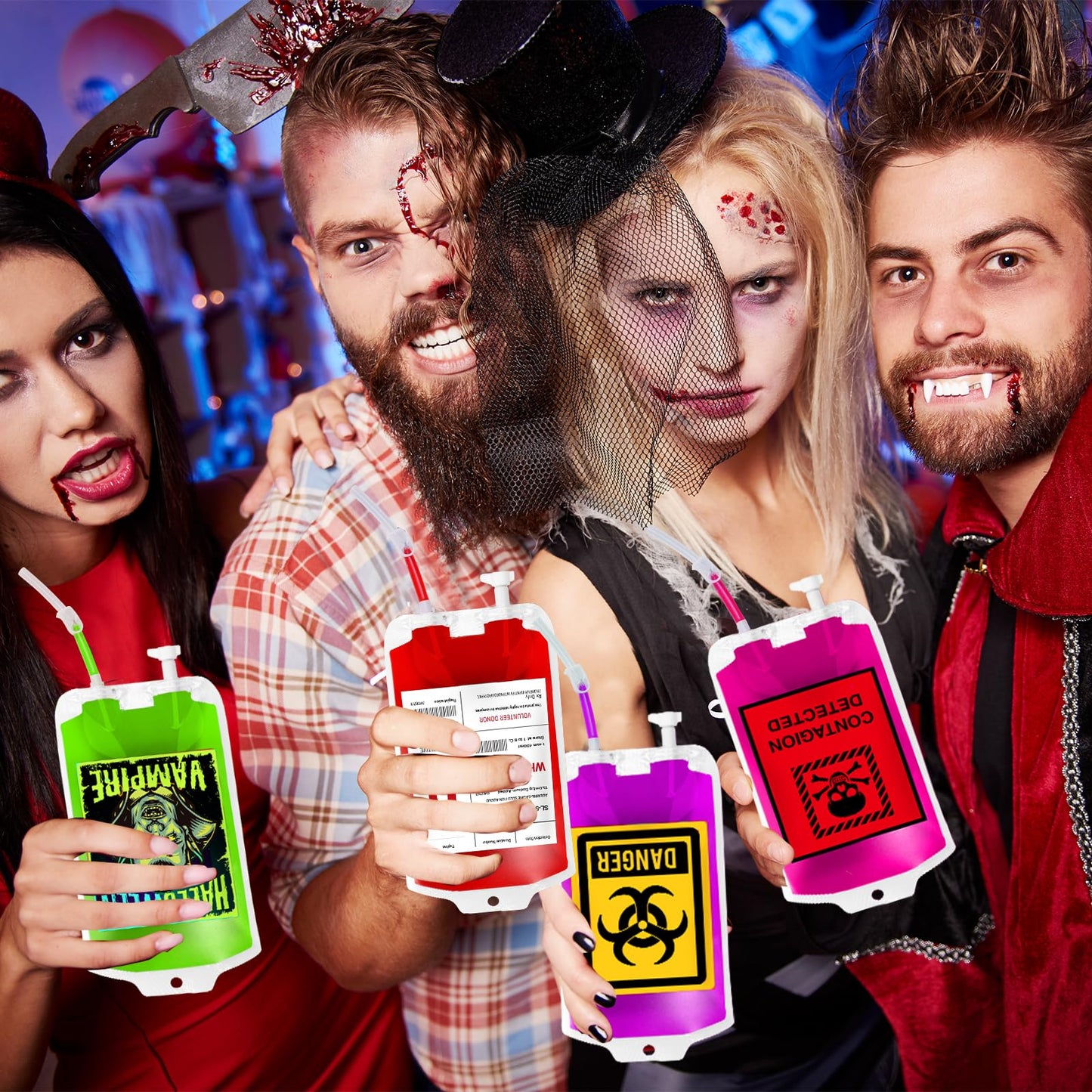 MGparty 80 Pack Halloween Blood Bag Props, Refillable Pouches with Straws and Filling Tools, Spooky Accessories for Zombie Vampire Theme Party Supplies