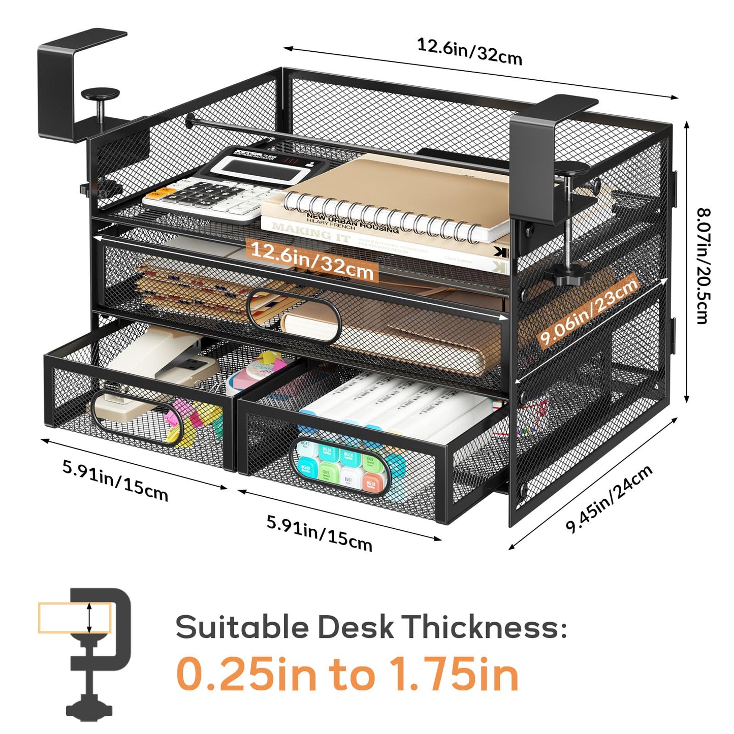Under Desk Drawer Organizer 3 Layer, Large Under Desk Storage Side Drawers for Home & Office, Drill-Free Clamp-on Installation for Small Space, Spacious Storage for Office Supplies, Papers