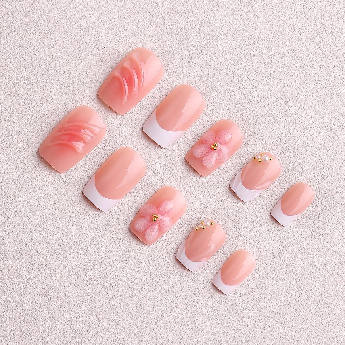 Medium Press on Nails Square White French Tip Fake Nails with 3D Flower Shell Rhinestone Pearl Design Full Cover Spring Stick on False Nails for Women 24 Pcs