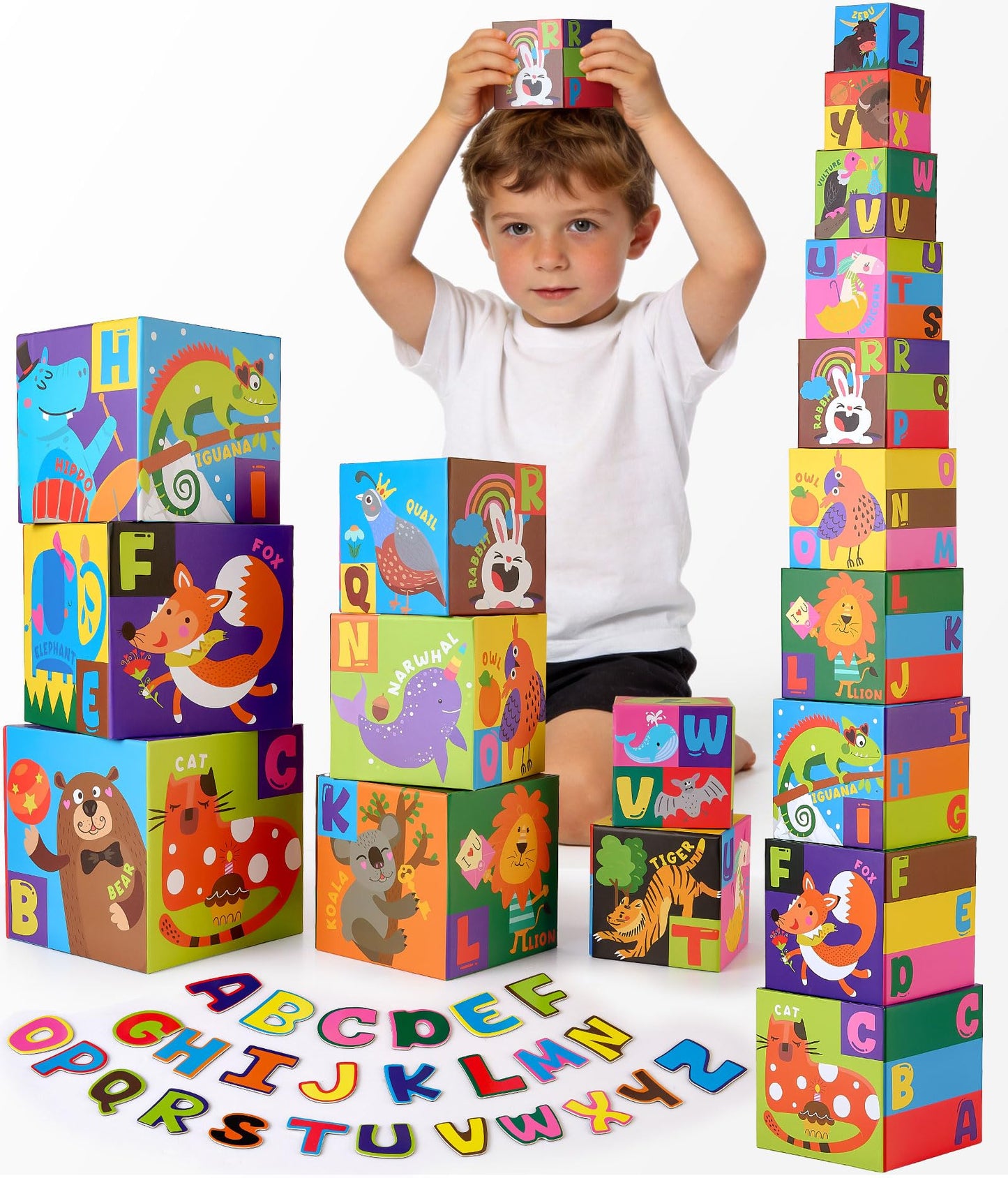 Atoylink Alphabet Nesting Stacking Blocks for Toddlers, 10-Piece Educational Toys with Magnetic ABC Letters, Numbers 0-9, 26 Animals, Sorting Storage Cubes for Kids Age 18 Months 2 3 4 Year