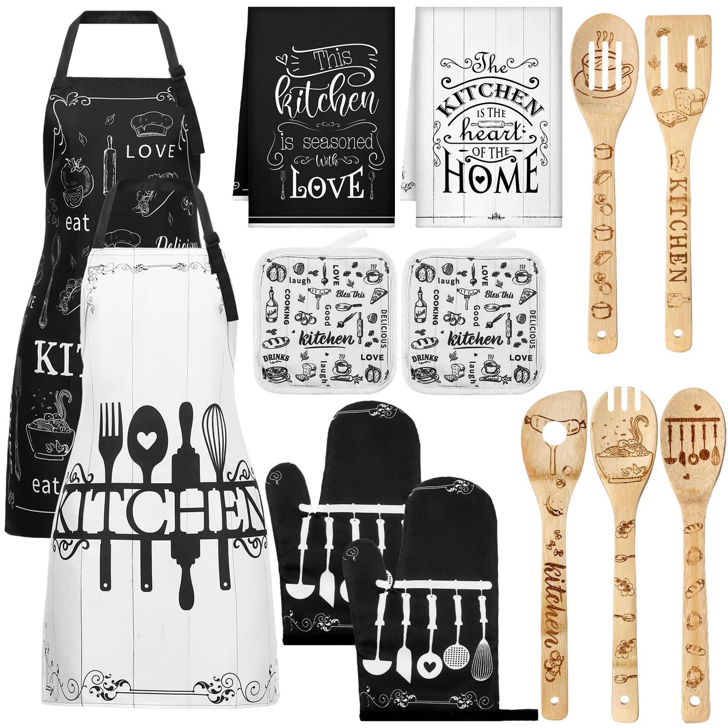 Bencailor 13 Pcs Christmas Kitchen Sets Christmas Aprons Oven Mitts and Pot Holders Dish Towels Wooden Spoons for Xmas Gifts(Black White, Kitchen)