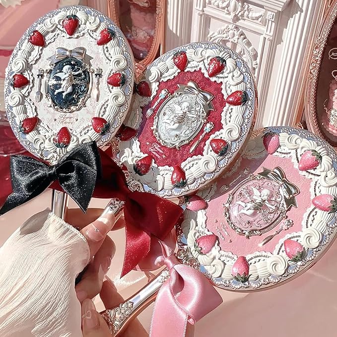 Flower Knows Strawberry Cupid Hand Mirror,Vintage Handheld Mirror,Fancy & Pretty Princess Mirror with Long Handle,Gift for Girls & Women(Milky Shake)