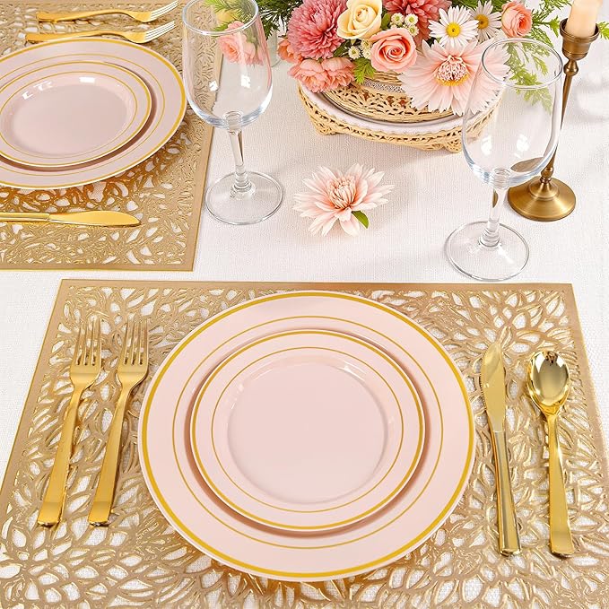 100Pcs Pink Plastic Dessert Plates, Disposable Salad Plate with Gold Rim, Premium Hard Fancy Small Plates, Heavy Duty Plastic Cakes Plates for Party, Wedding&Birthday&Valentine's Day