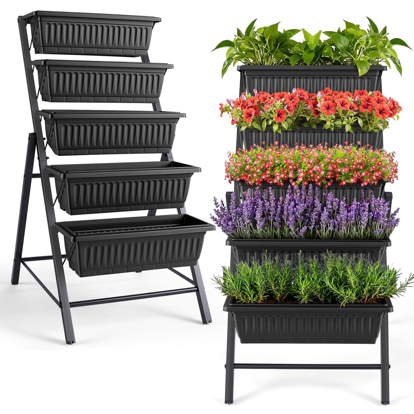 TEANDE 2 Pack Vertical Raised Garden Bed, 5-Tier Elevated Planter Box w/Drainage System & 4 Hooks for Herbs Vegetables Flowers, Vertical Garden Planter for Patio Yard Indoor Outdoor, Black