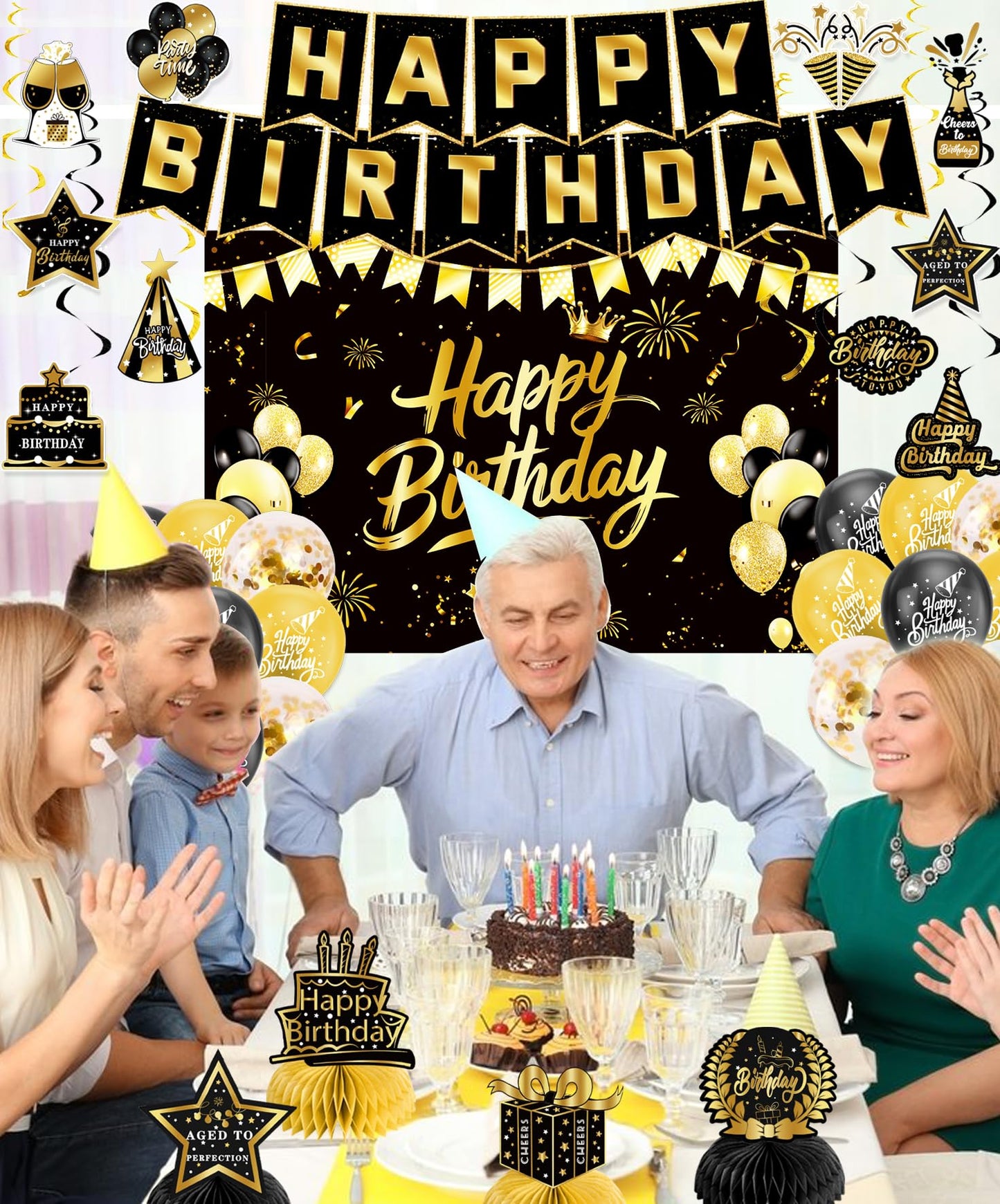 Black Gold Birthday Decorations for Men Women, Pre-Strung Happy Birthday Banner with Backdrop, Balloons,Honeycomb Centerpieces & Streamers Kit