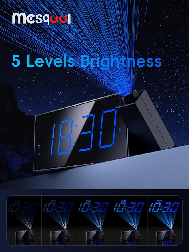 Mesqool Digital Projection Alarm Clock with Dual Alarms, 5 Levels Dimmer | 180° Rotatable Projector,12/24H & DST, Large LED, Snooze, with Battery Backup, Loud Alarm Perfect for Heavy Sleepers