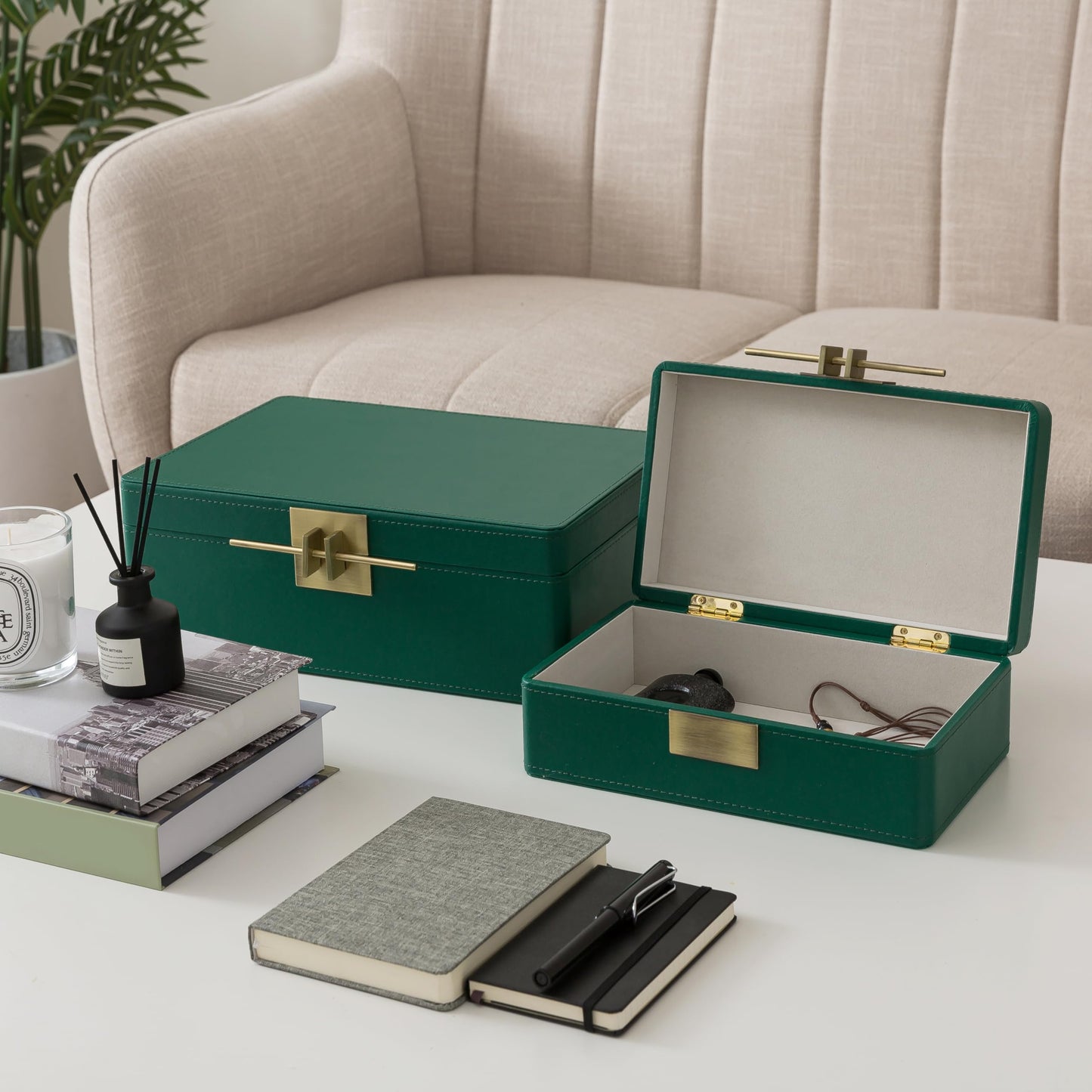 Soul & Lane Faux Leather Decorative Boxes with Lids for Home Decor, Set of 2 Stacking Hinged Boxes for Coffee Table and Living Room Shelves, Remote Control Holder, Emerald Green