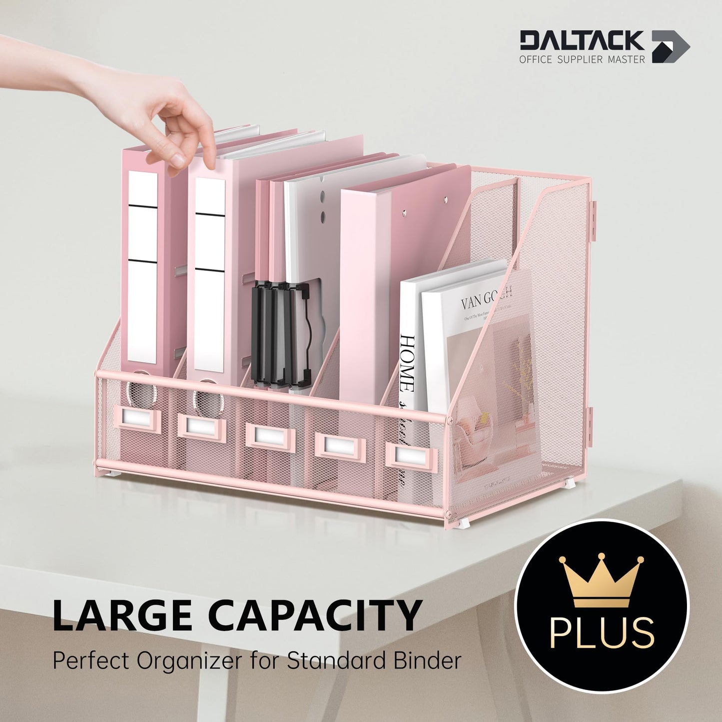 DALTACK Desk Organizers Metal Magazine File Holder with 5 Vertical Compartments Folder Storage Binder Organizer for Office Home School Organization, Pink Plus