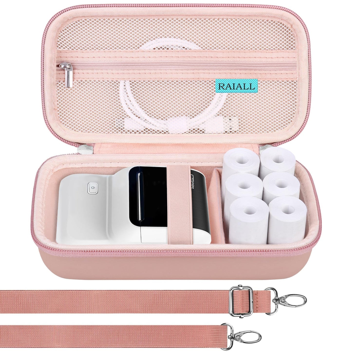 RAIALL Carrying Case for NelkoGlobal M100 Label Maker, NelkoGlobal M100 Inkless Thermal Bluetooth Label Printer Bag, Handheld Barcode Labeler Storage Holder, Pocket Fits Label Paper, Rose Gold