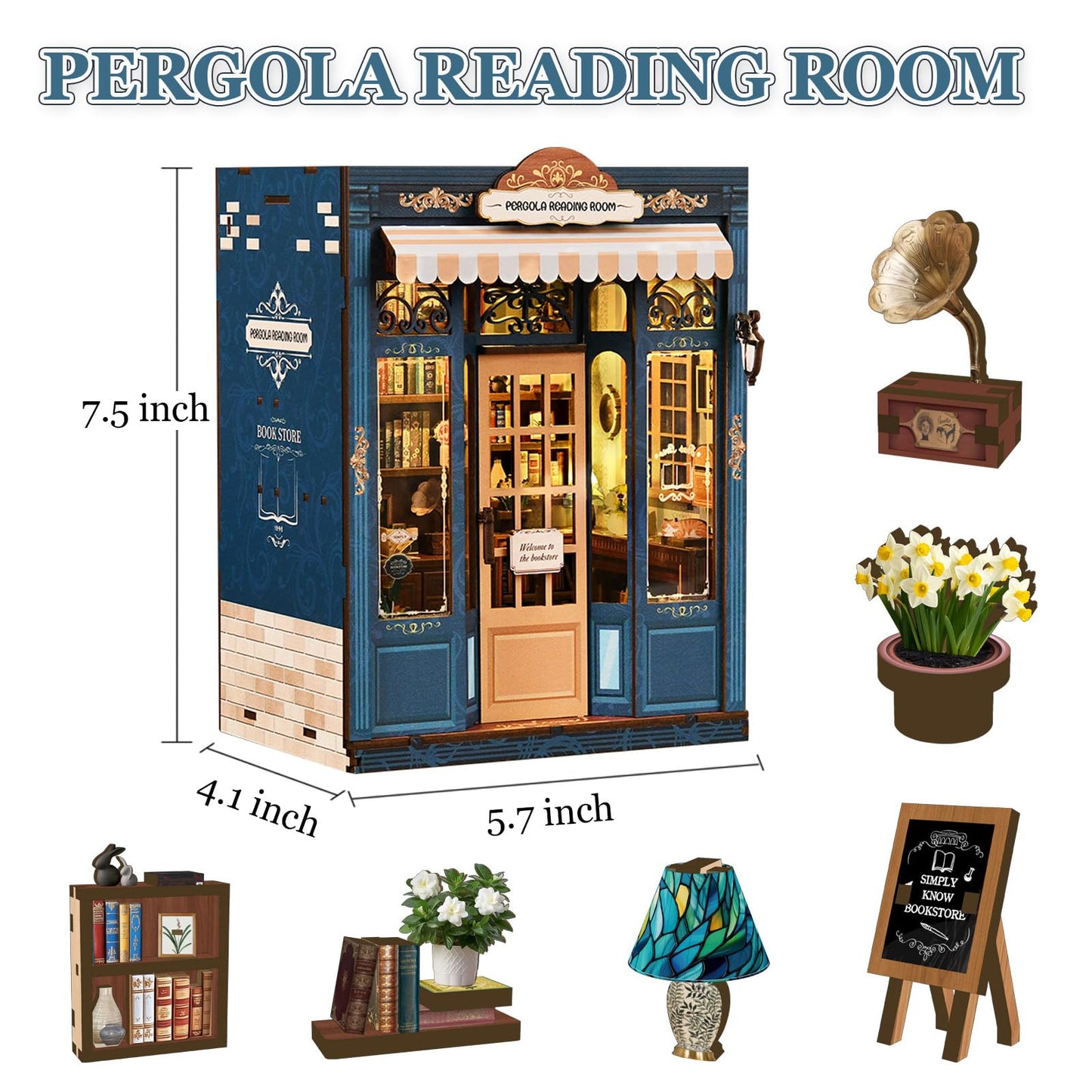 DIY Miniature Dollhouse Kit Book Nook Pergola Reading Room with LED Light, Wooden 3D Miniature House Craft Kit for Adults, Bookshelf Insert Decor