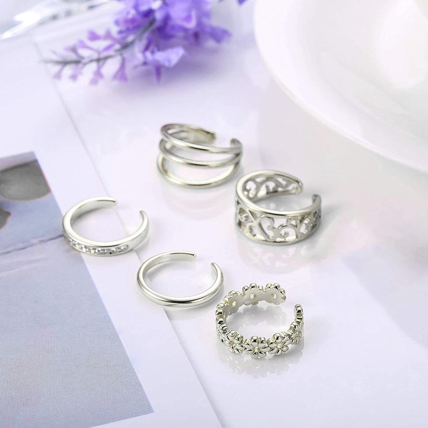 PYALXDN 5 Pcs Silver Plated Toe Rings for Women Adjustable Band Rings Open CZ Toe Ring Set Beach Foot Jewelry，Anti-allergy，Silver