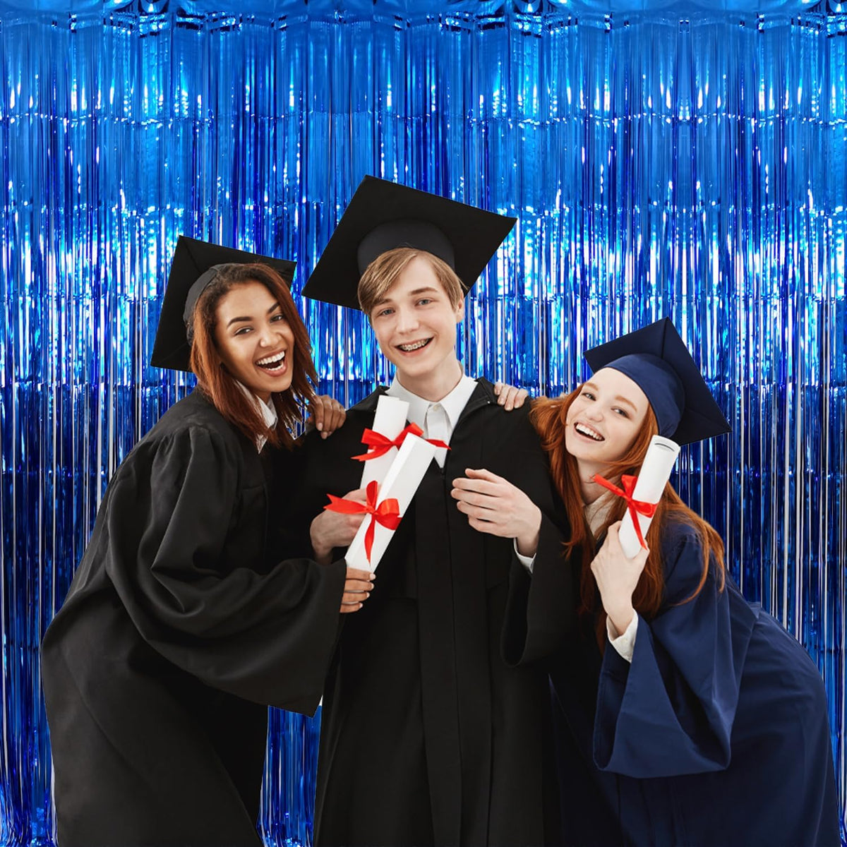 GOER 3.2 ft x 9.8 ft Metallic Tinsel Foil Fringe Curtains Party Photo Backdrop Party Streamers for Birthday,Graduation,New Year Eve Decorations Wedding Decor (4 Packs,Navy)