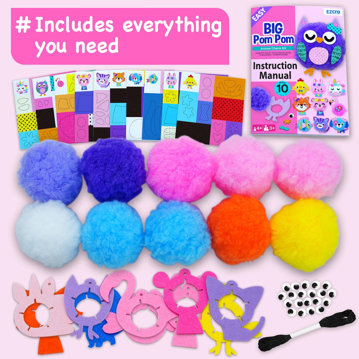 EZCRA Kids Crafts Ages 4-8 – 10 Plush Pom Pom Unicorn and Animals All-in-One DIY Craft Set – Felt Stickers, Educational & Creative Gift for Girls & Boys