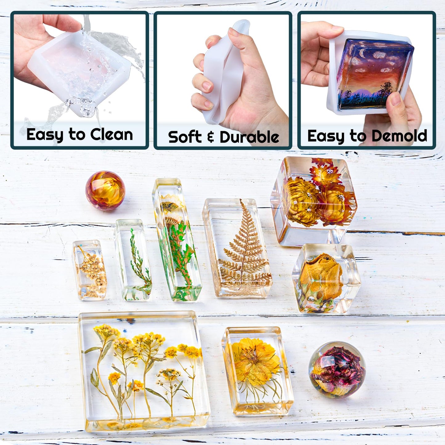 Large 4 Inch Resin Mold 12 PCS Glossy Deep Cube Sphere Silicone Molds with Tools Epoxy Resin Casting Mould for Preserving Flowers, Insect Specimens, DIY Art Craft Gift, Furniture Decor, Soap, Candle