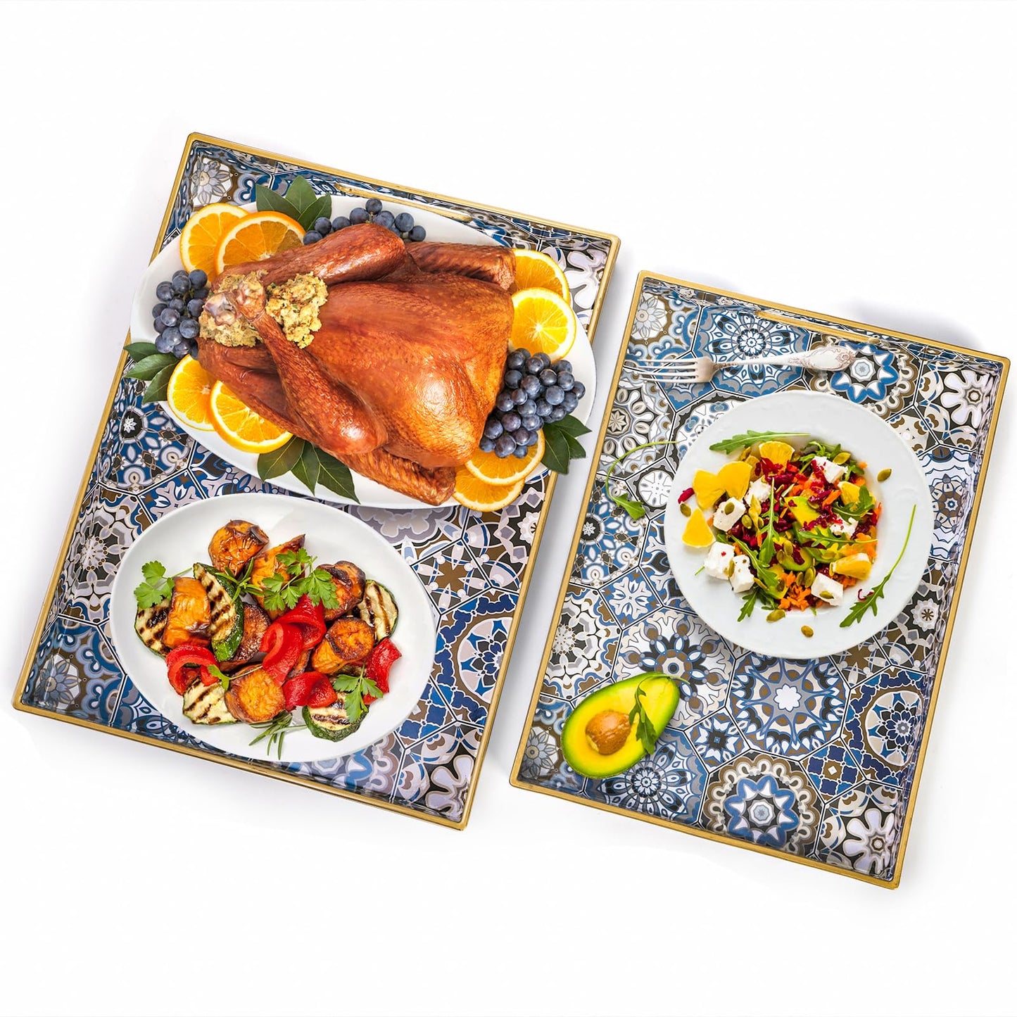Hiceeden Set of 2 Decorative Serving Trays with Handles, Boho Tea Trays Ottoman Trays for Serving, Modern Plastic Coffee Table Tray for Living Room, Kitchen, Bathroom, Rectangle, Blue