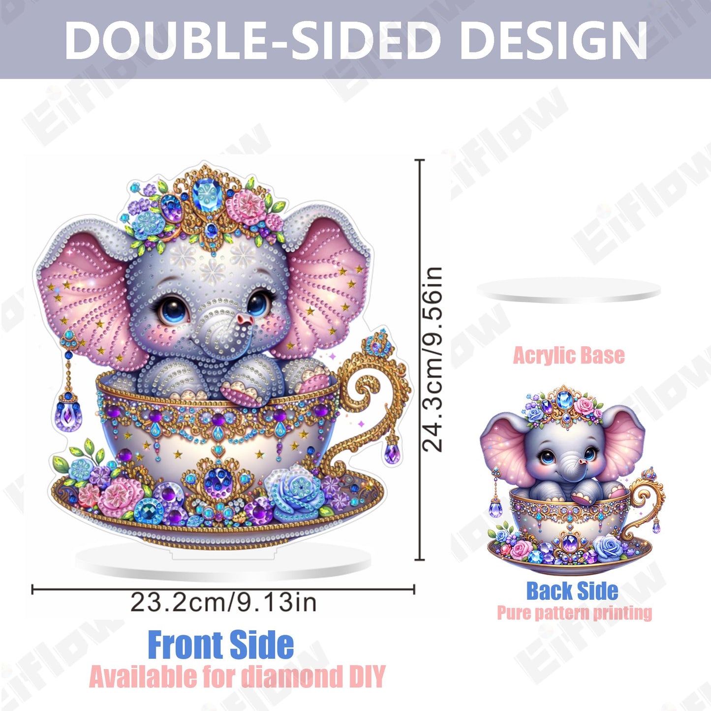Eiflow Diamond Art Tabletop Kit for Adults, DIY Desktop Diamond Art Painting with Stand, Acrylic Stand Up Gem Painting Board Kit (Elephant)