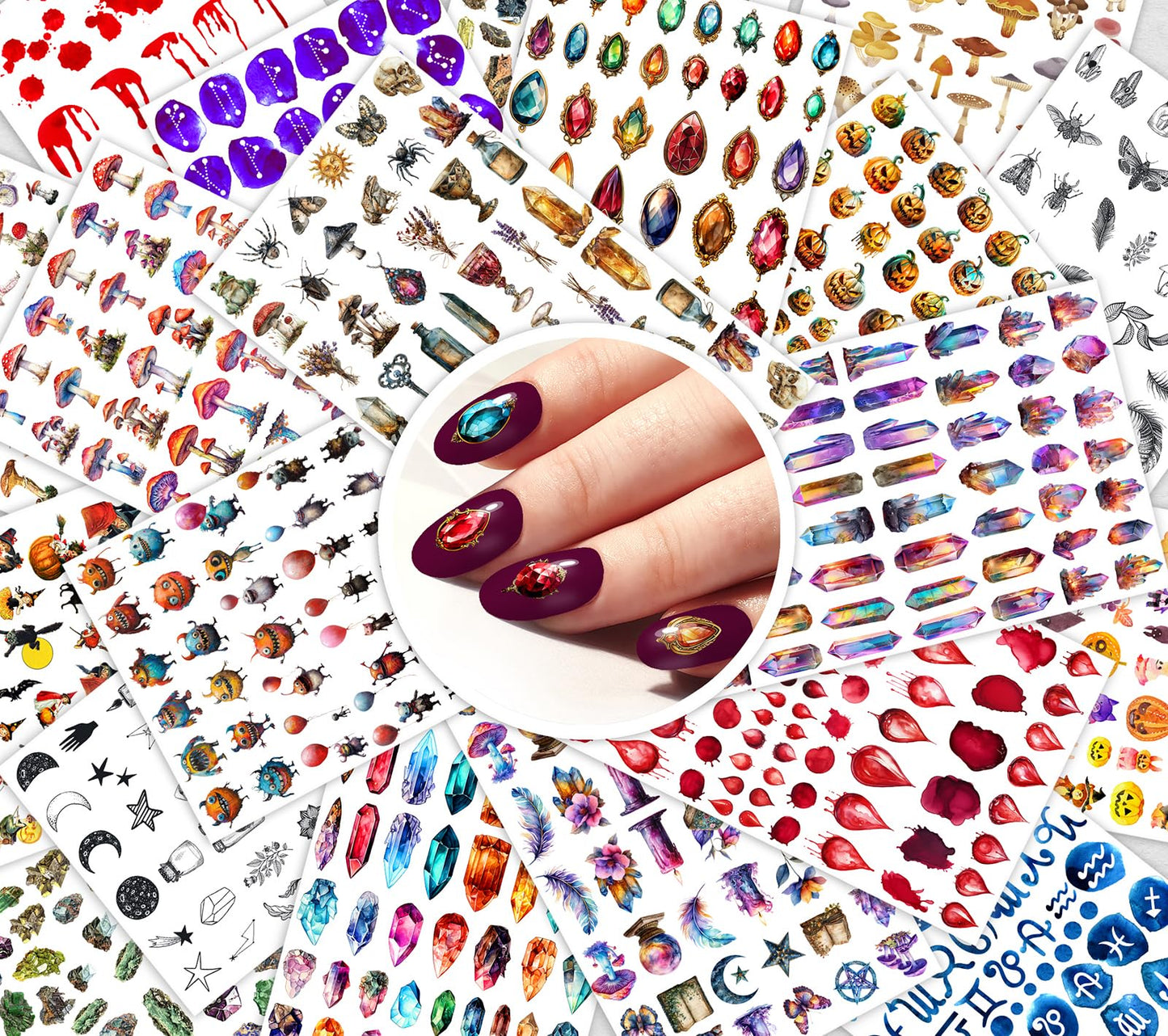 Mystic Crystal ~ 20 Sheets Nail Stickers ~ Gemstones Crystals Potions Mushrooms Insects and Fantasy Elements Creating Bold Magical Manicure Styles and Unique Mystical Nail Art Designs