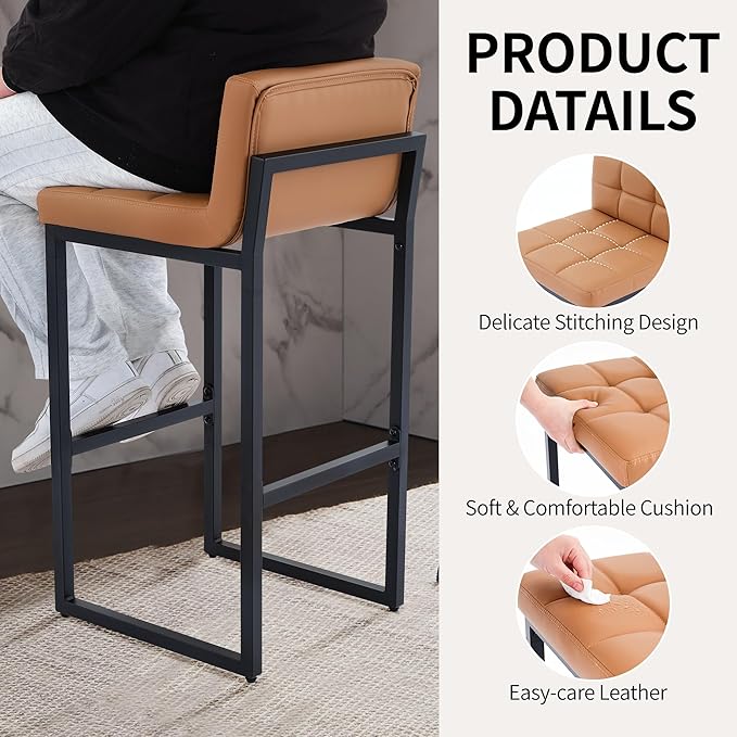 Bar Height Bar Stools Set of 2, Tall Counter Stool Barstools with Back, 30-inch Seat Height Island Stools Comfortable Bar Chairs for Kitchen Island (Caramel Brown, 2Pcs 30" Bar Stools)