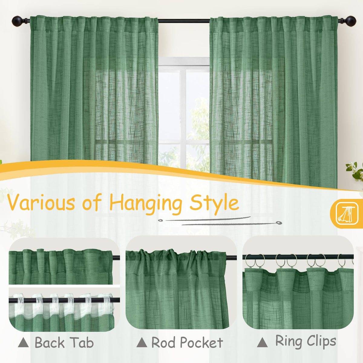 Green Linen Semi Sheer Curtains 72 Inch Length (2 Count)