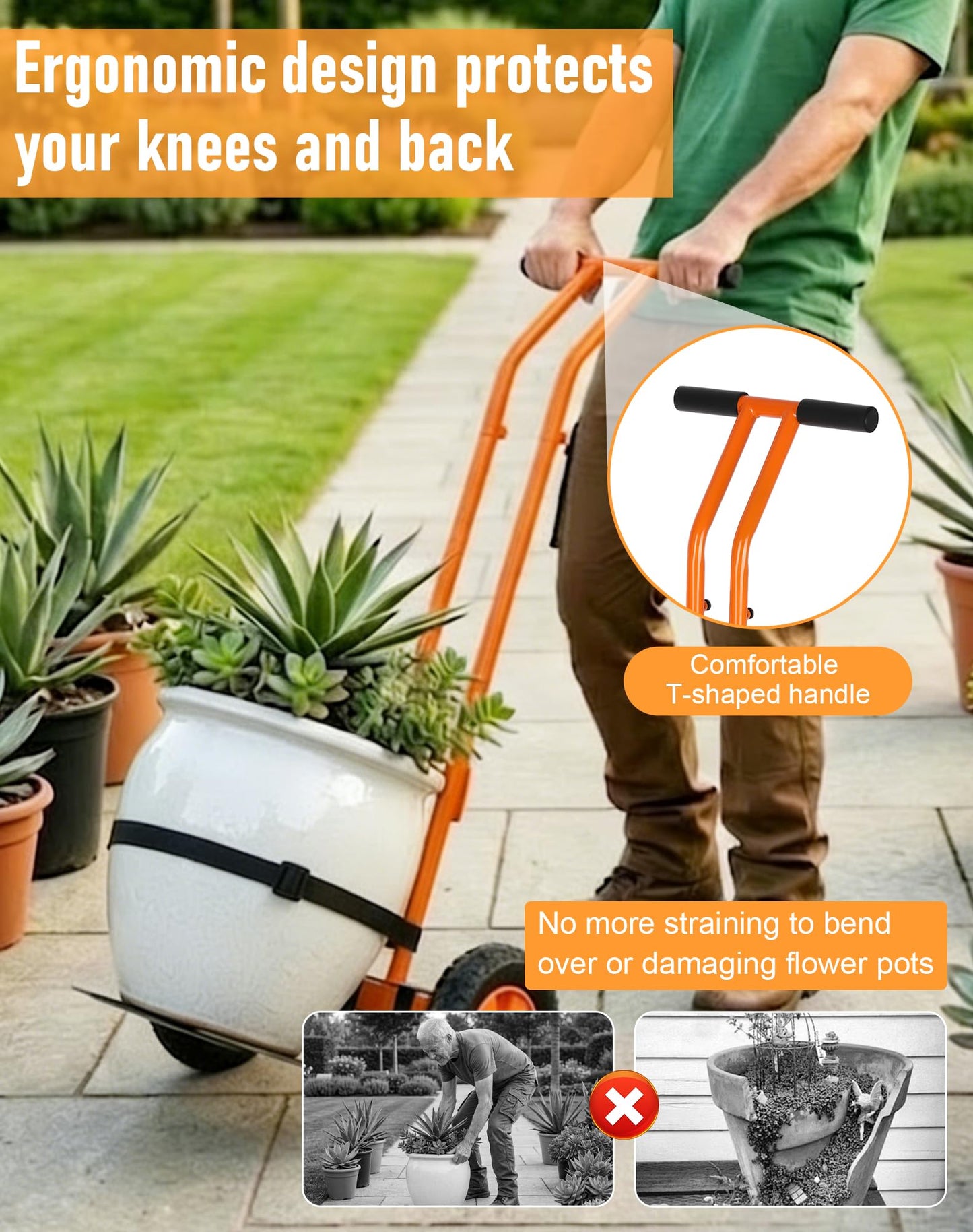 Deerift Heavy Duty Plant Caddy with Wheels, Plant Dolly Cart, Adjustable Grabbing Arm & Suction Cups for Easy Plant Movement, Versatile Indoor/Outdoor Plant Dolly Trolley Cart with Strap, Orange