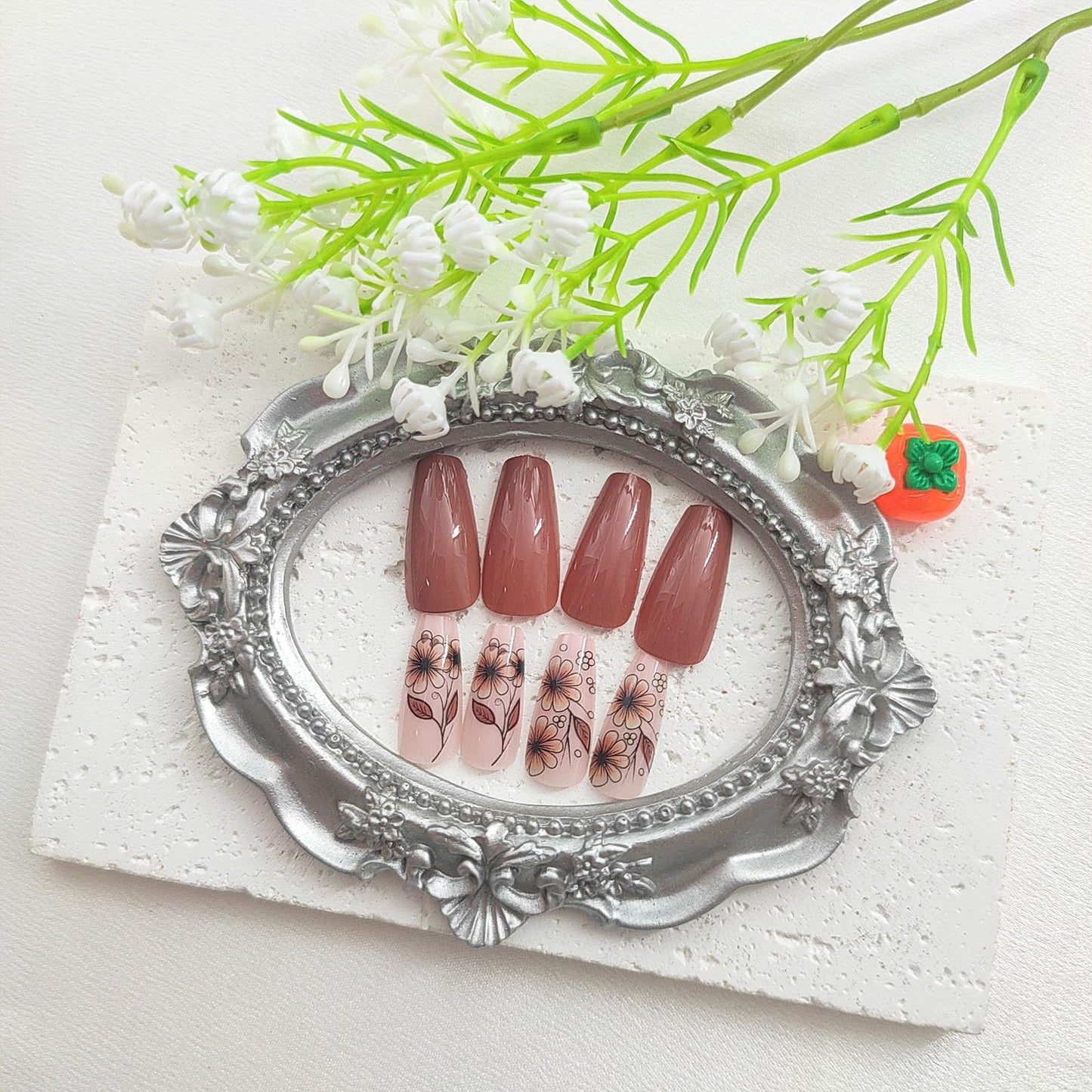 Medium Press On Brown Glossy Glue On Nails - 24Pcs Winter Fall Acrylic False Nails with Floral Designs