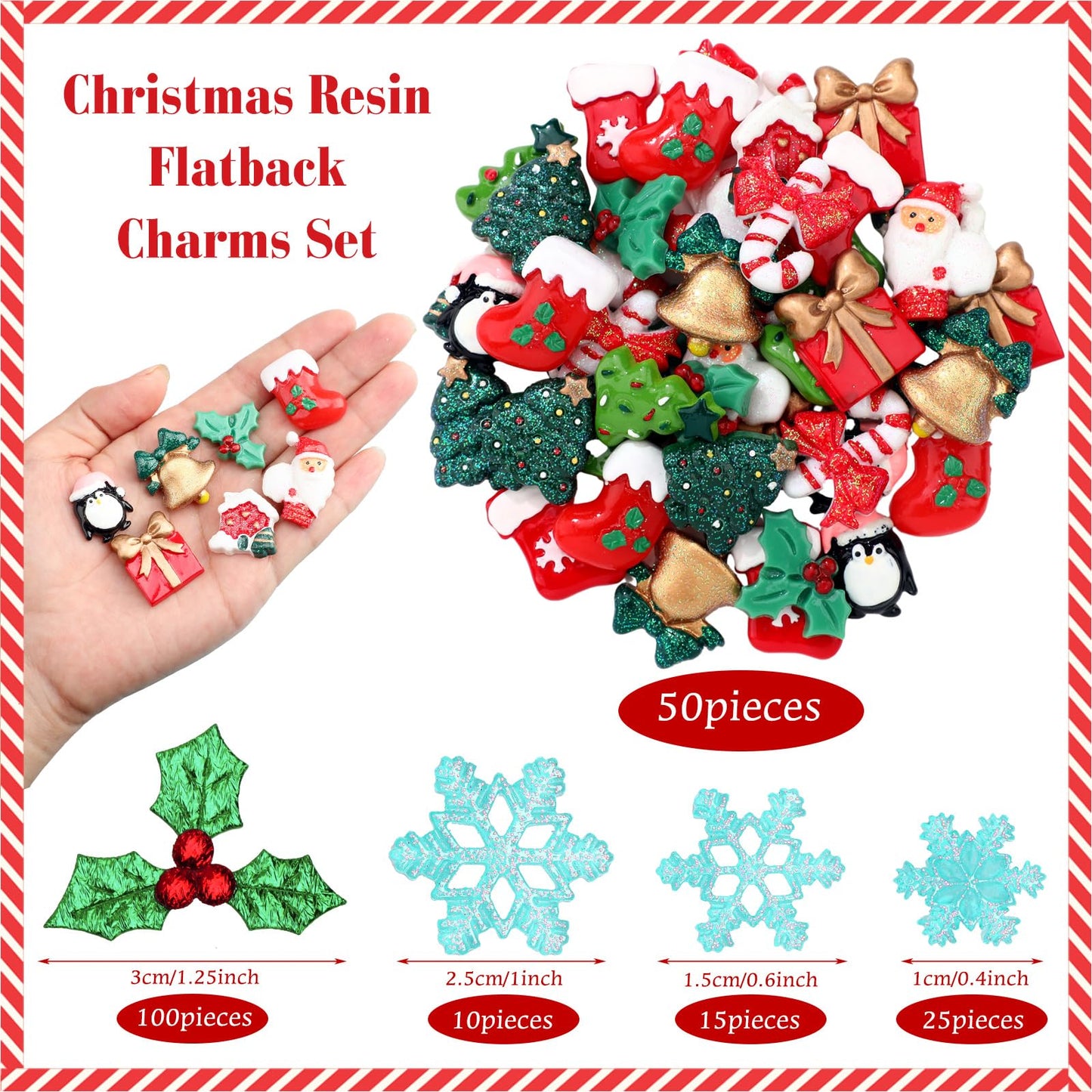 Huwena 200 Pcs Christmas Resin Flatback Charms Mini Triple Leaf Holly Berries Embellishments Small Snowflake Decorations Tiny Resin Miniatures for Xmas Tree DIY Craft Scrapbook Supplies