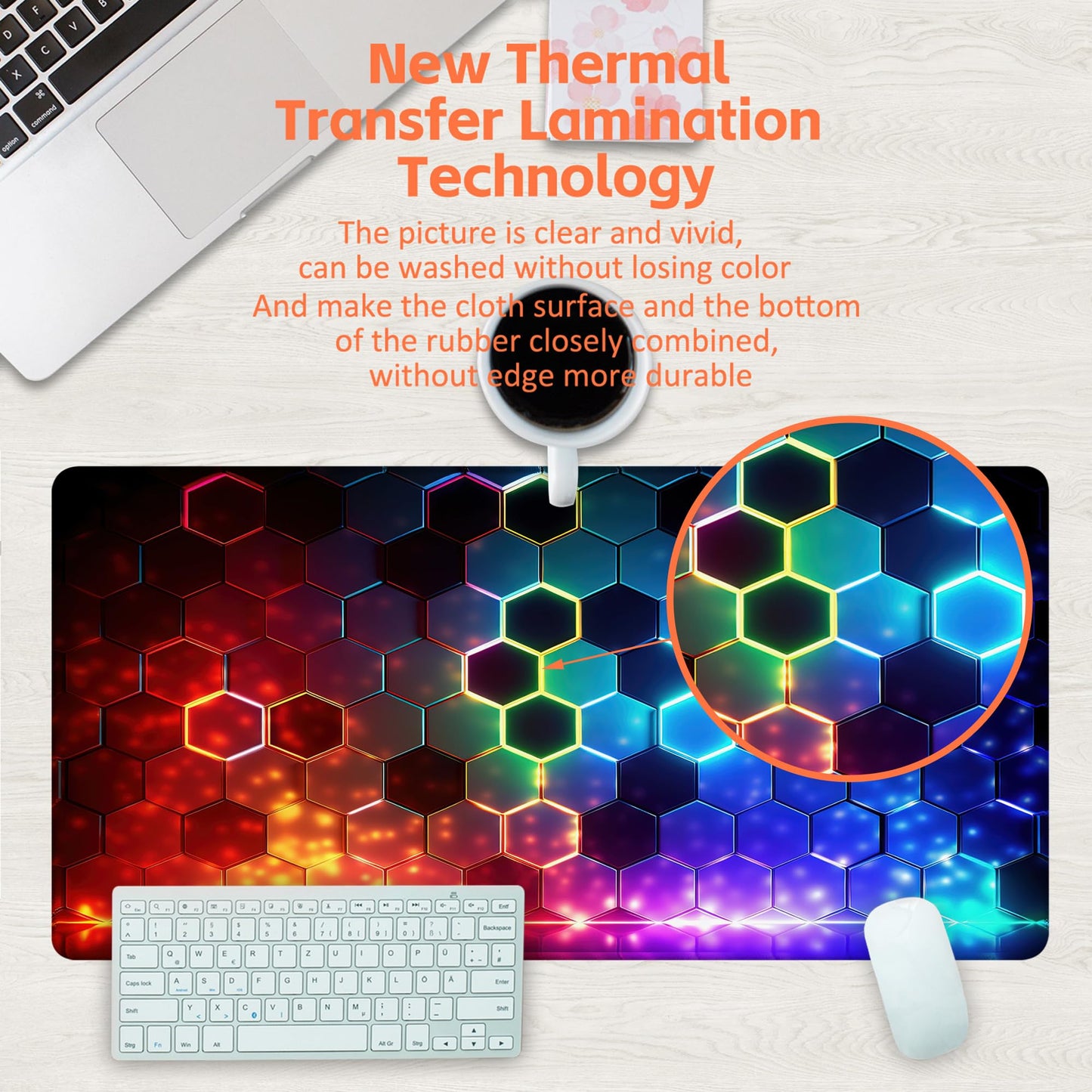 KOAIWPAE Desk Mat, Colorful Honeycomb Technology Desk Pad,Hexagonal Honeycomb Large Gaming Mouse Pad for Desk,31.5"x15.7" Extended Big Computer Keyboard Mouse Pad with Non-Slip Base and Stitched Edge